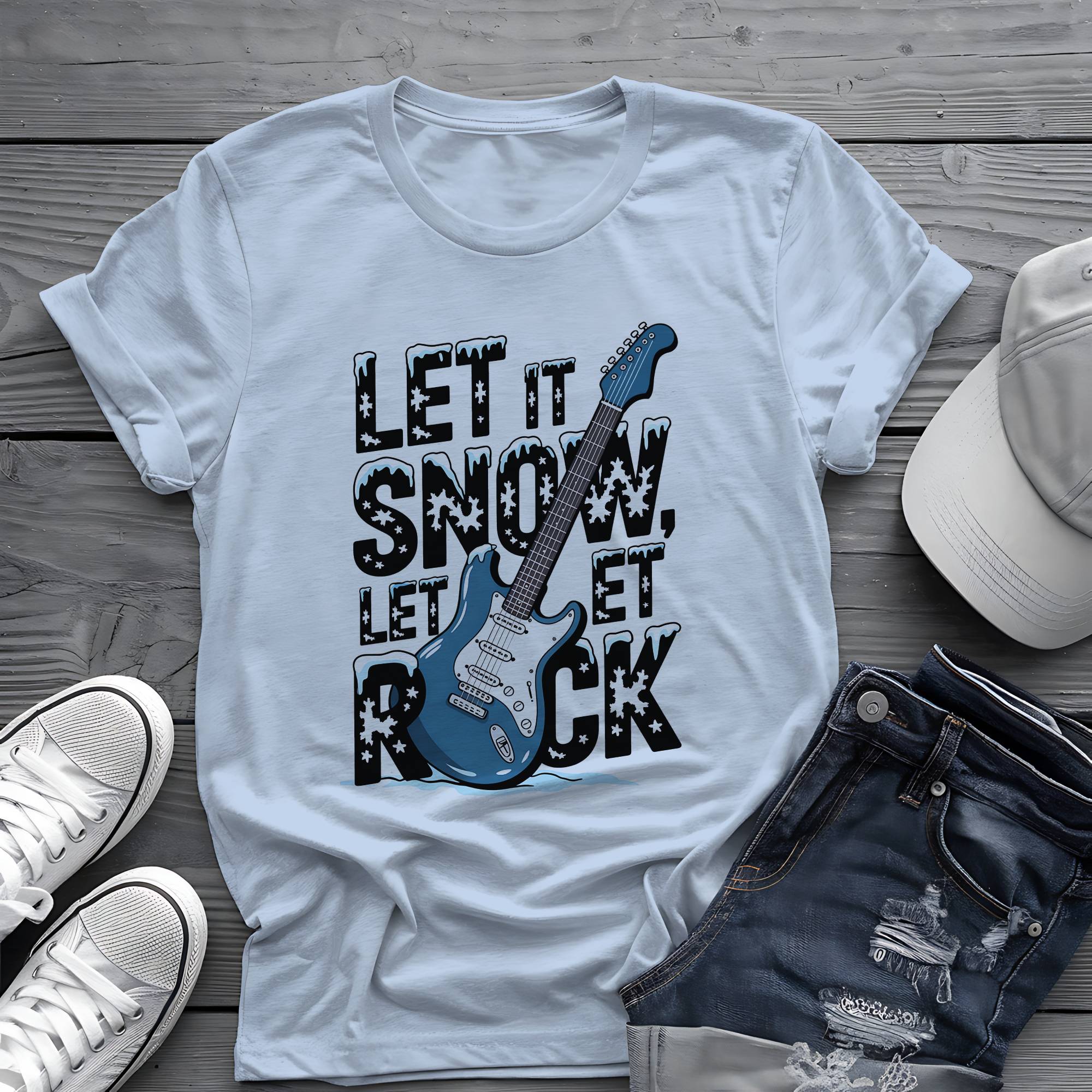 Let It Snow, Let It Rock: Winter Frost Electric Guitar Graphic Tee 🎸❄️