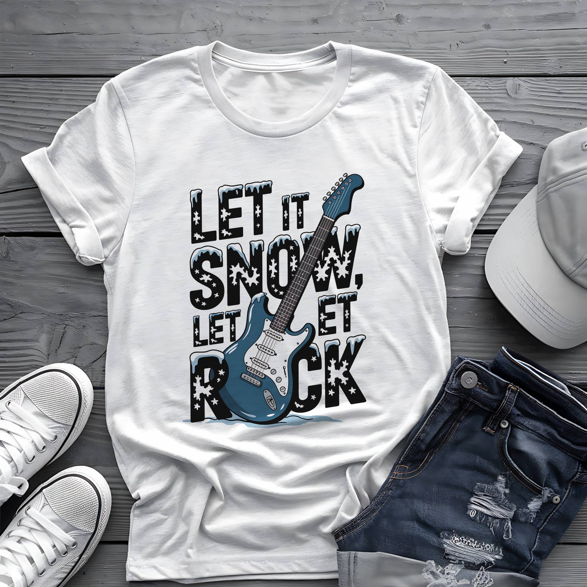 Let It Snow, Let It Rock: Winter Frost Electric Guitar Graphic Tee 🎸❄️