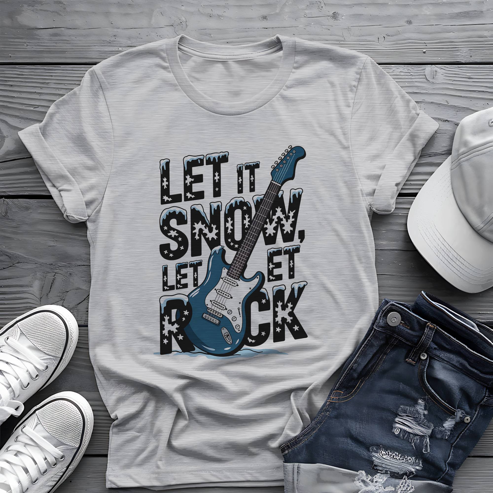Let It Snow, Let It Rock: Winter Frost Electric Guitar Graphic Tee 🎸❄️