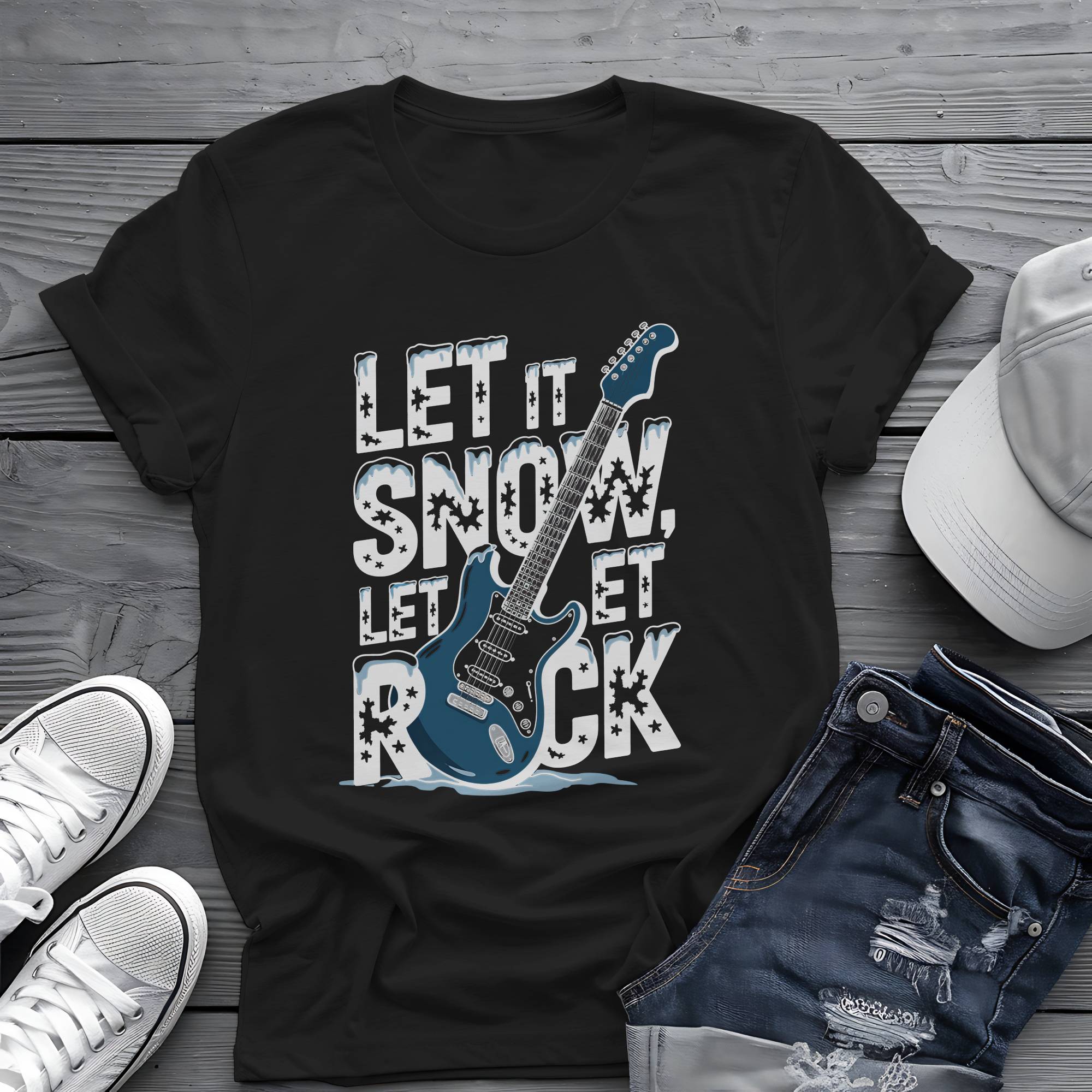 Let It Snow, Let It Rock: Winter Frost Electric Guitar Graphic Tee 🎸❄️