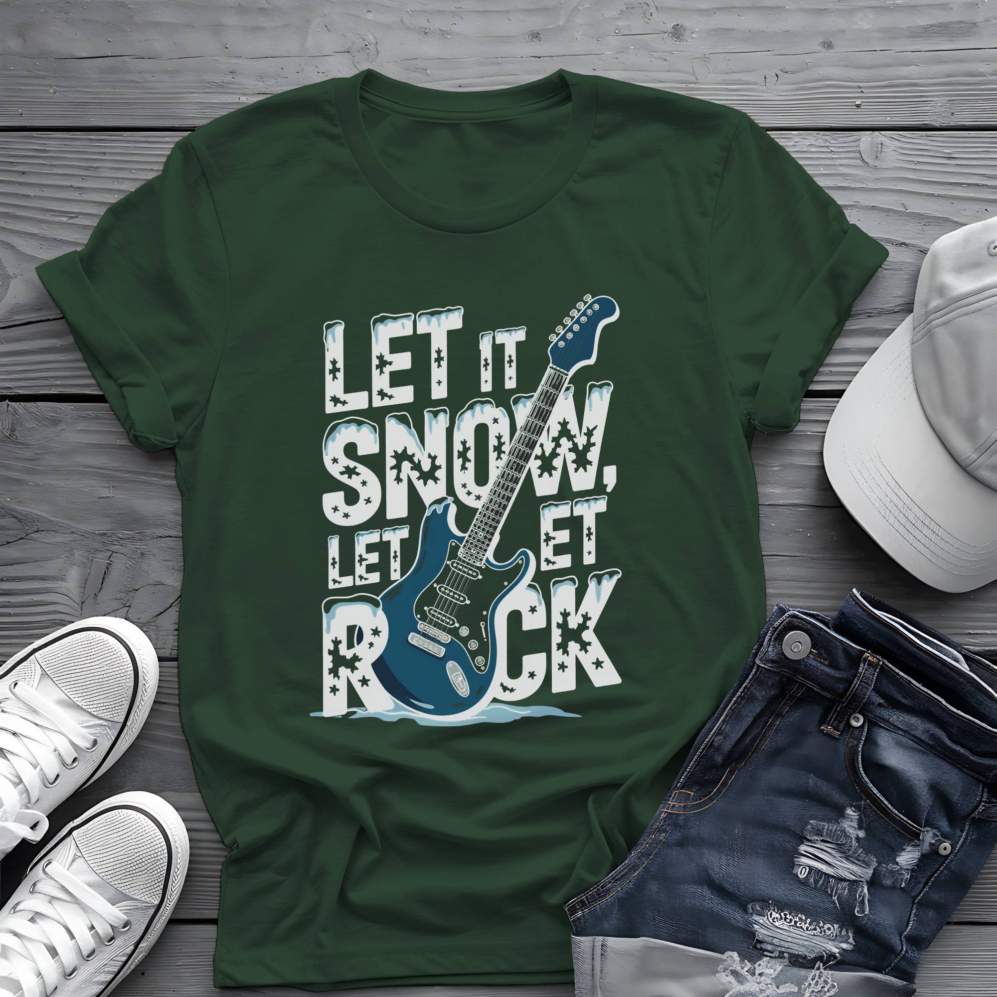 Let It Snow, Let It Rock: Winter Frost Electric Guitar Graphic Tee 🎸❄️