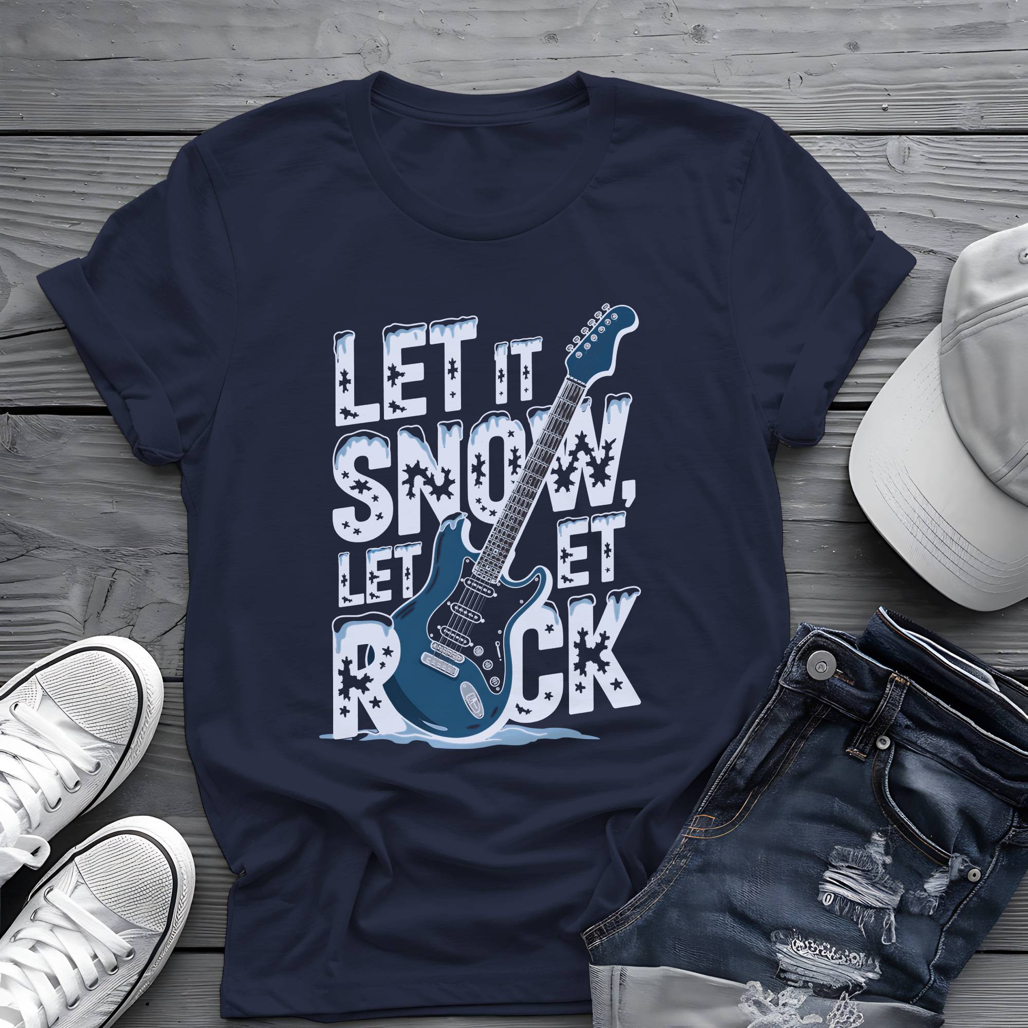 Let It Snow, Let It Rock: Winter Frost Electric Guitar Graphic Tee 🎸❄️