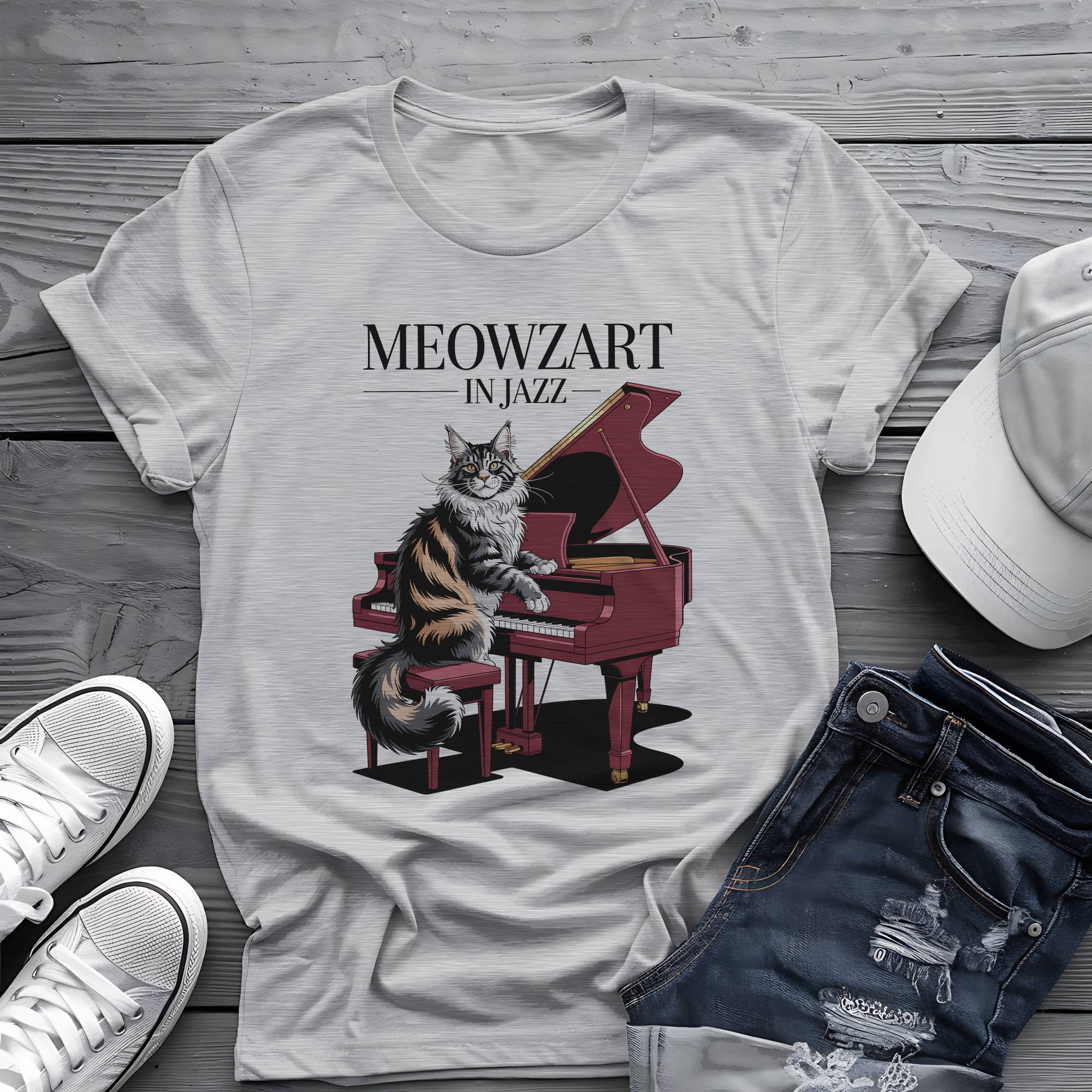 Meowzart in Jazz: Maine Coon Cat Piano Virtuoso Retro Aesthetic Tee 🎹🐱