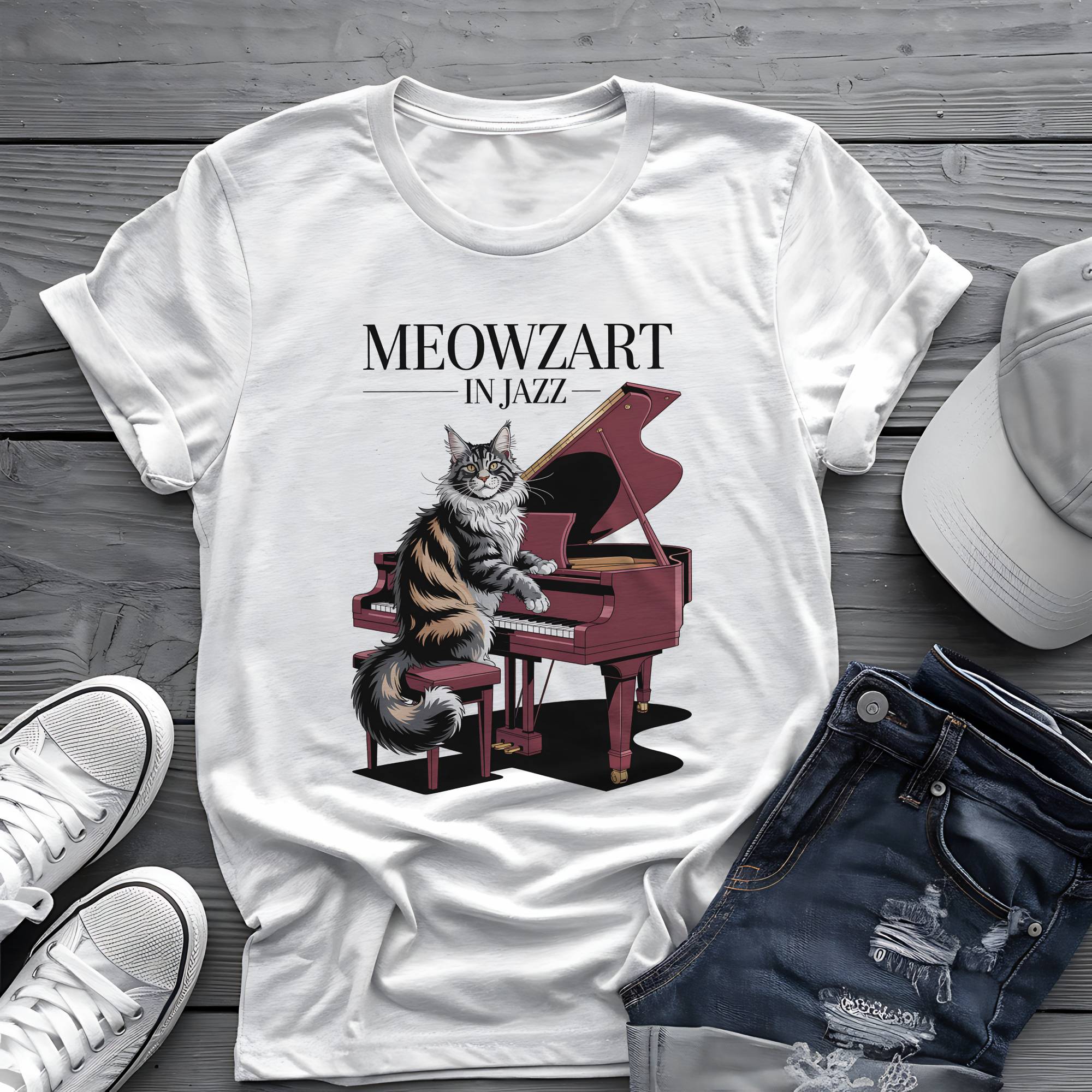 Meowzart in Jazz: Maine Coon Cat Piano Virtuoso Retro Aesthetic Tee 🎹🐱