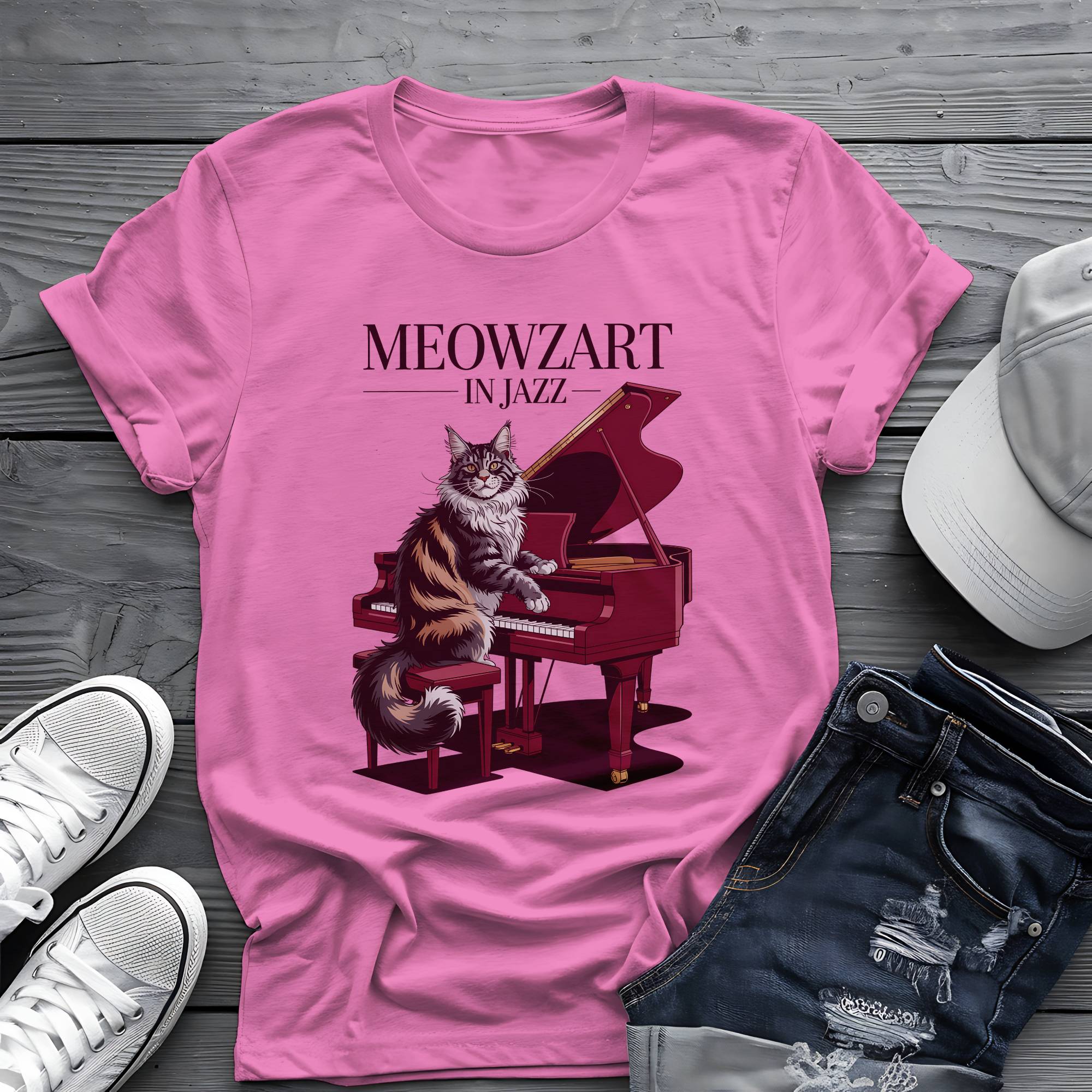 Meowzart in Jazz: Maine Coon Cat Piano Virtuoso Retro Aesthetic Tee 🎹🐱