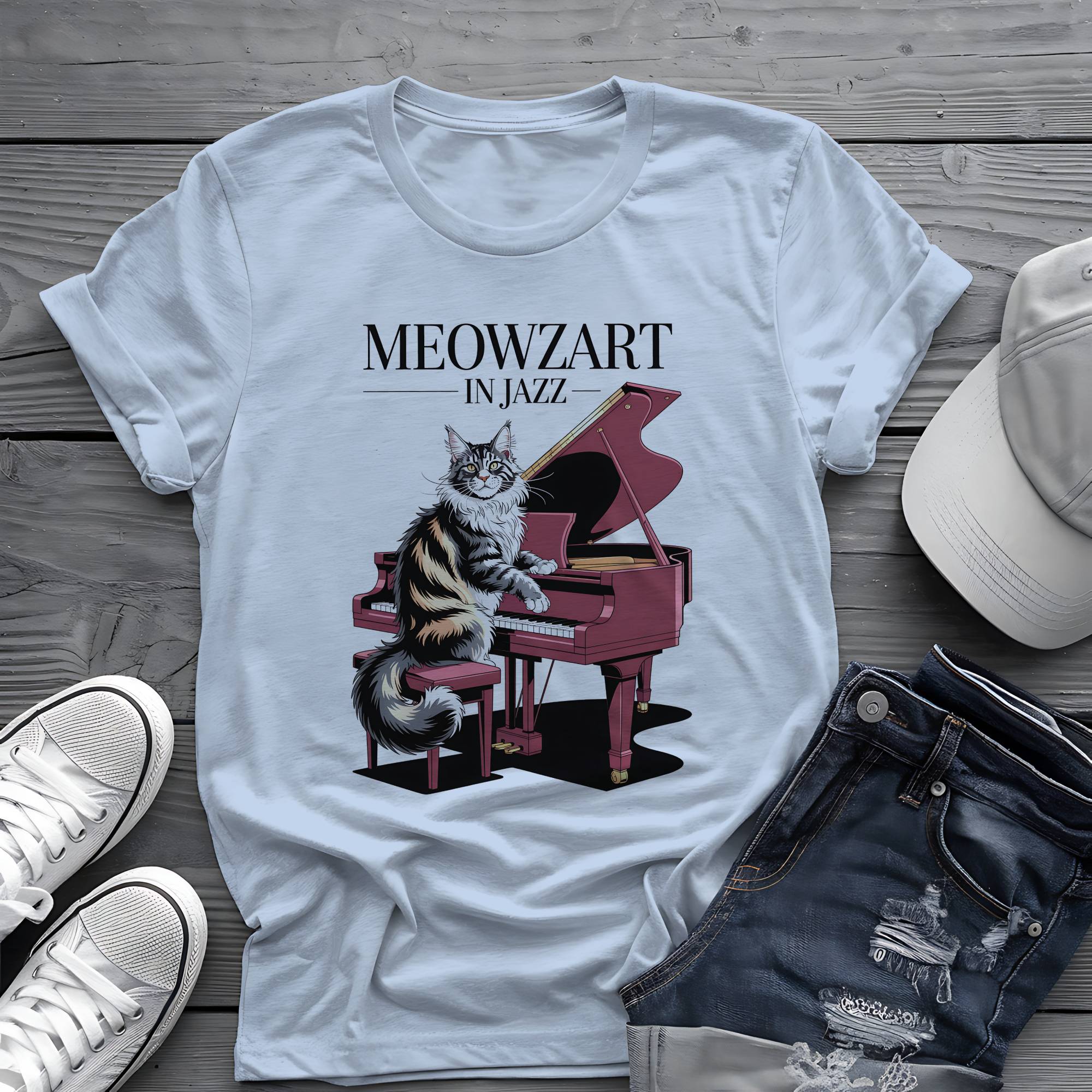 Meowzart in Jazz: Maine Coon Cat Piano Virtuoso Retro Aesthetic Tee 🎹🐱
