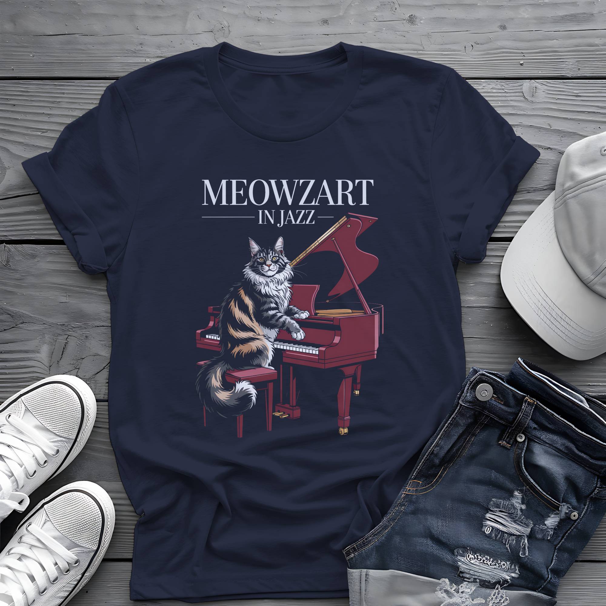 Meowzart in Jazz: Maine Coon Cat Piano Virtuoso Retro Aesthetic Tee 🎹🐱