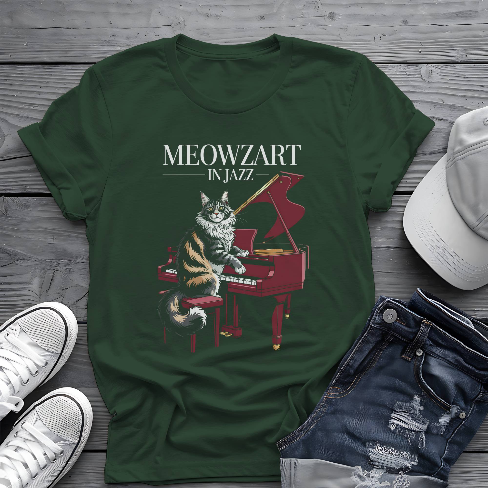 Meowzart in Jazz: Maine Coon Cat Piano Virtuoso Retro Aesthetic Tee 🎹🐱