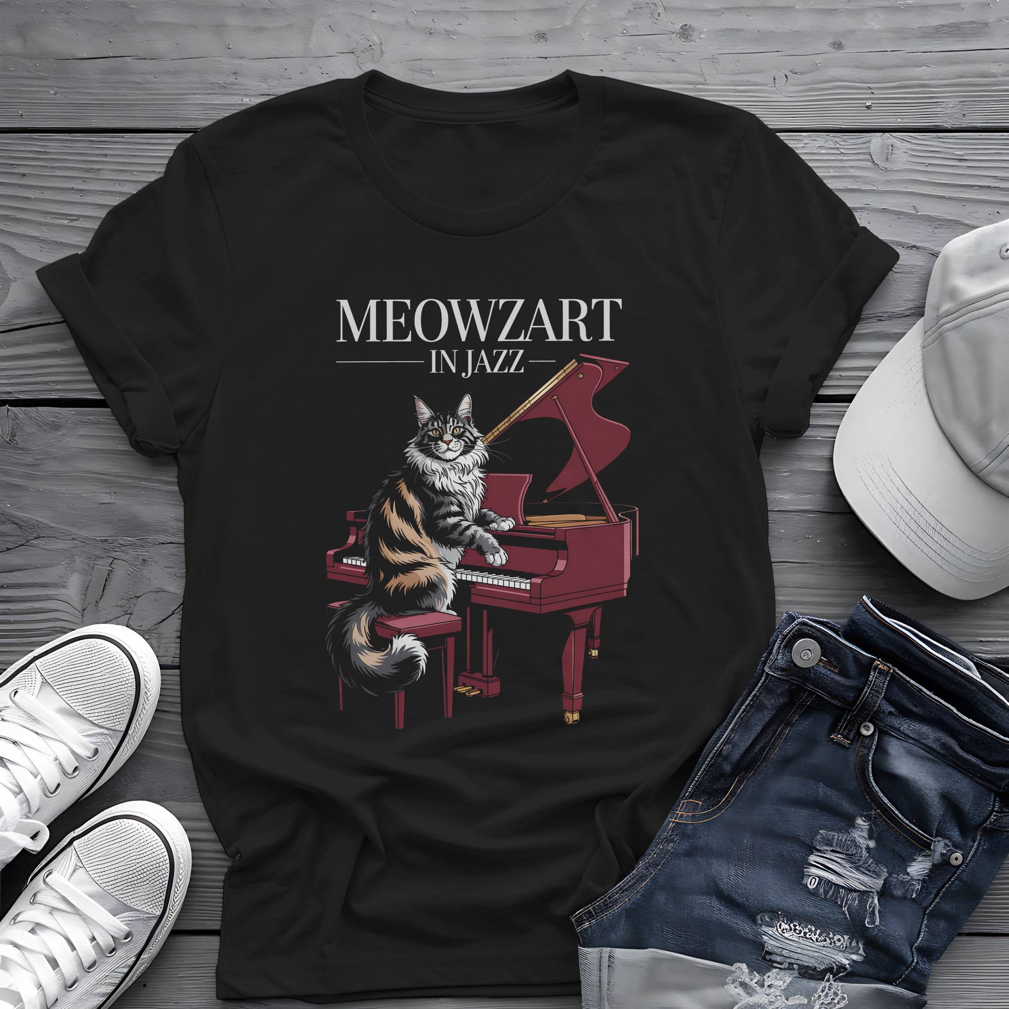 Meowzart in Jazz: Maine Coon Cat Piano Virtuoso Retro Aesthetic Tee 🎹🐱
