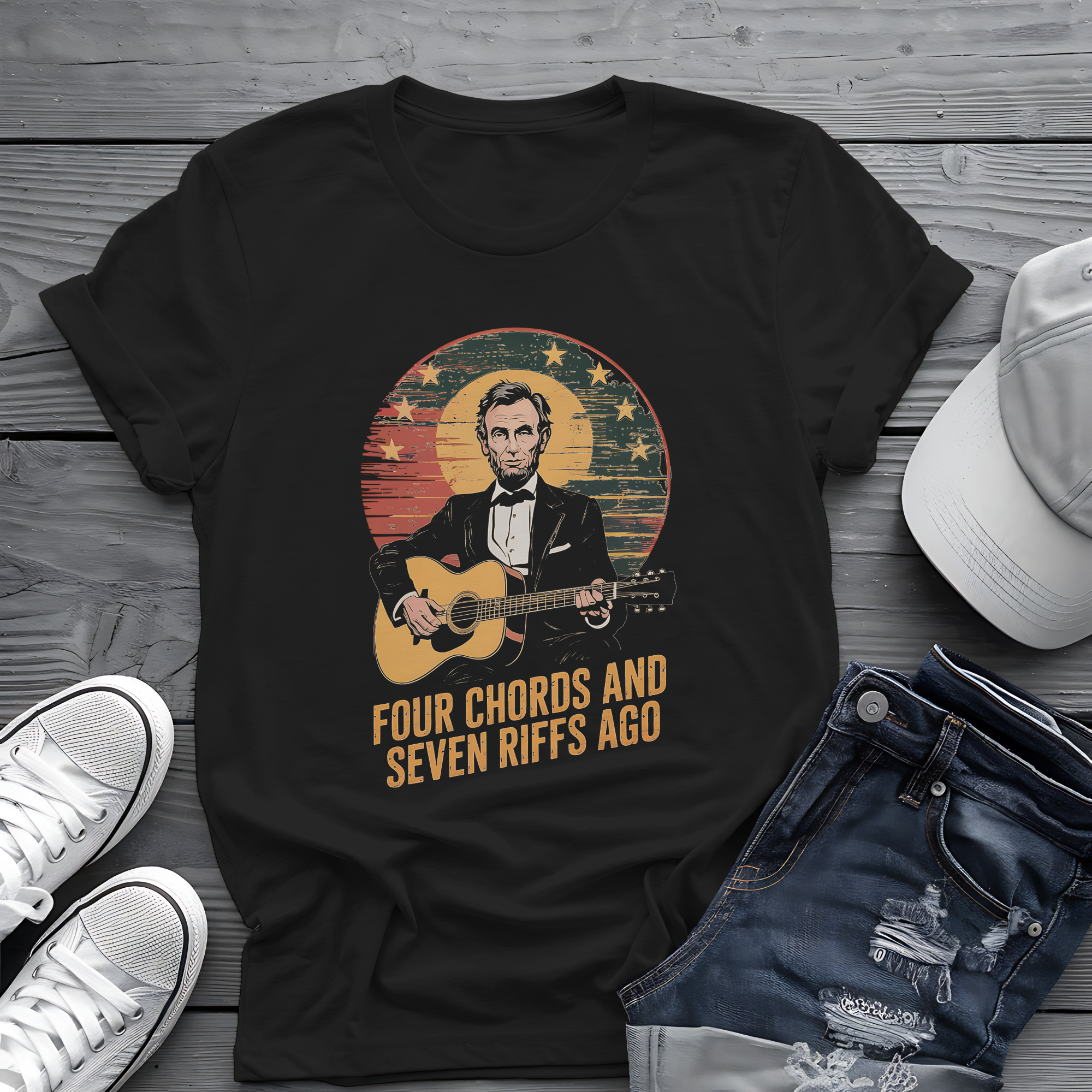 Lincoln Riffs Tee 🎸 Patriotic Guitar Shirt - 4th of July