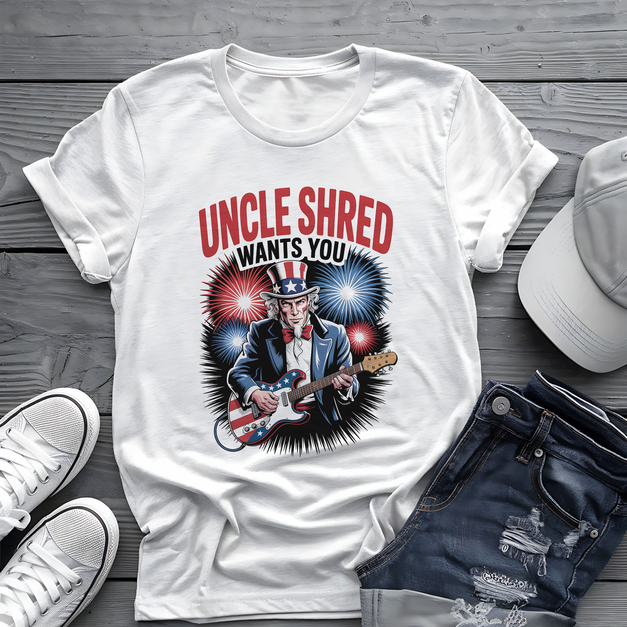 Uncle Shred Tee 🎸 Patriotic 4th of July Guitar Shirt - American Rock