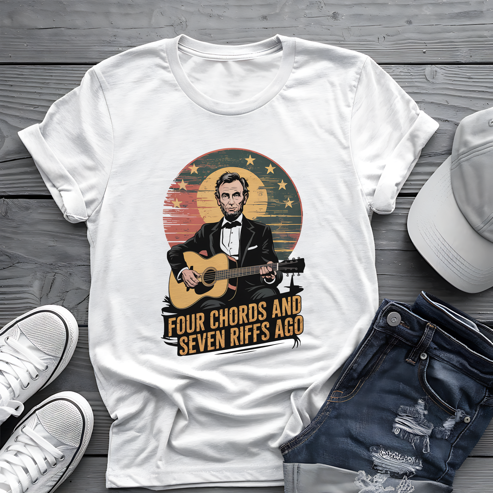 Lincoln Riffs Tee 🎸 Patriotic Guitar Shirt - 4th of July