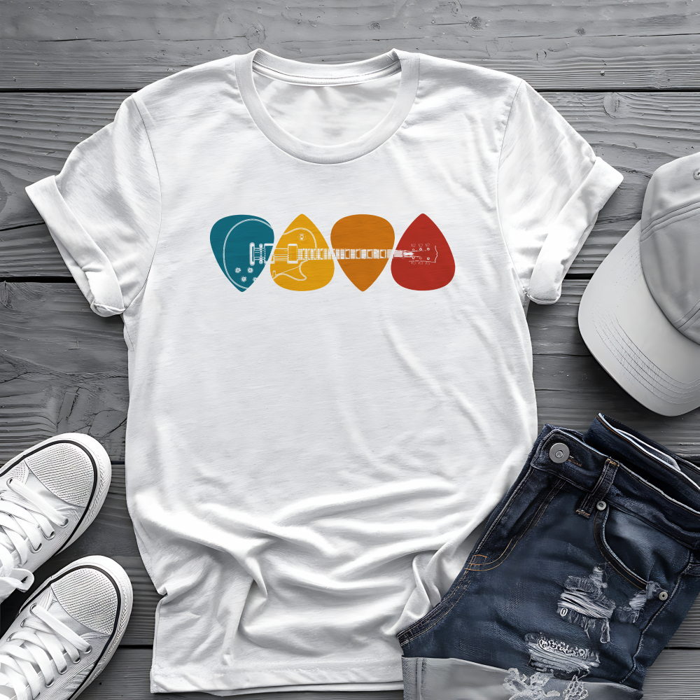 Colorful Guitar Picks Tee 🎸 Minimalist Guitarist Shirt