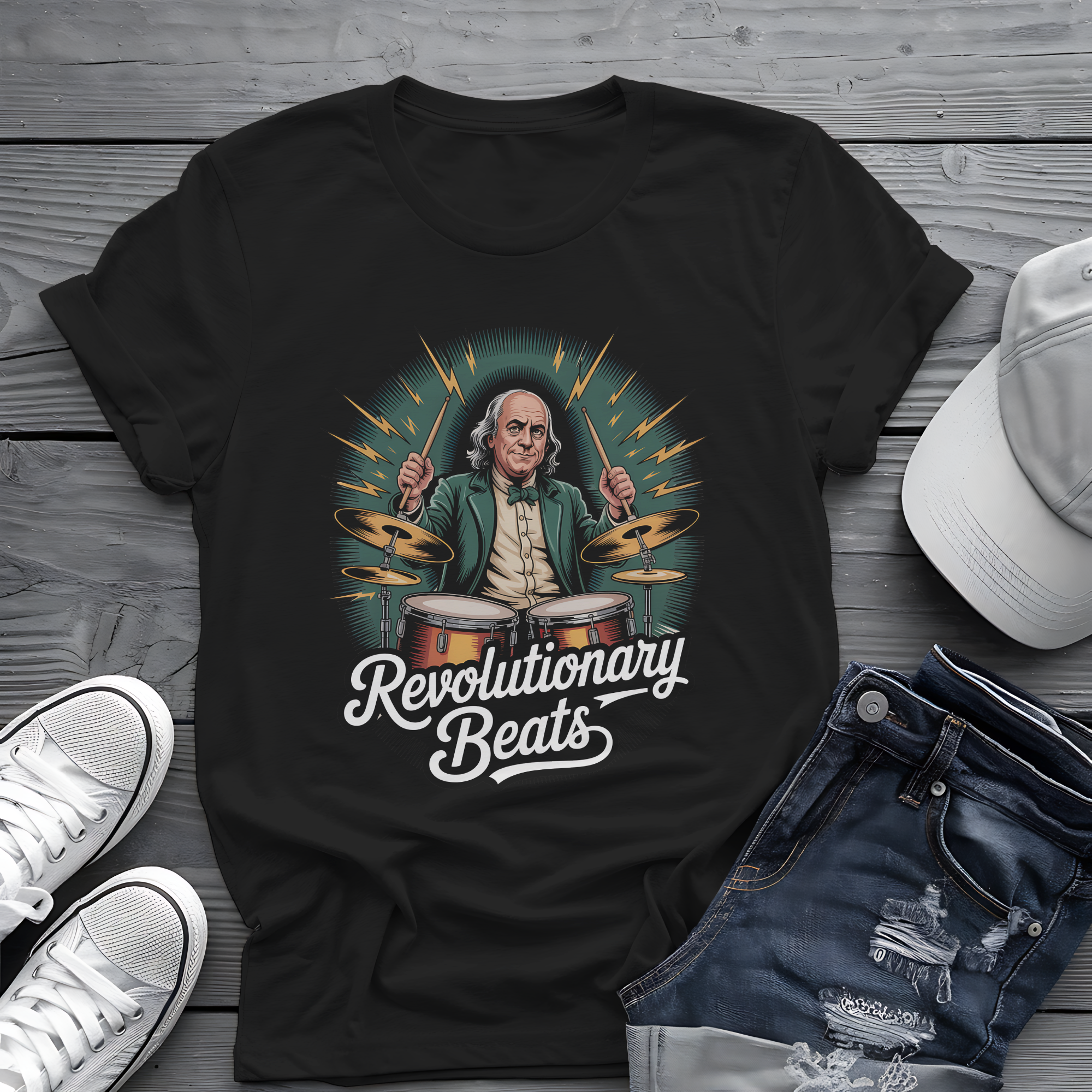 Revolutionary Beats Tee ⚡️ Ben Franklin Drummer Shirt - Patriotic Music Shirt