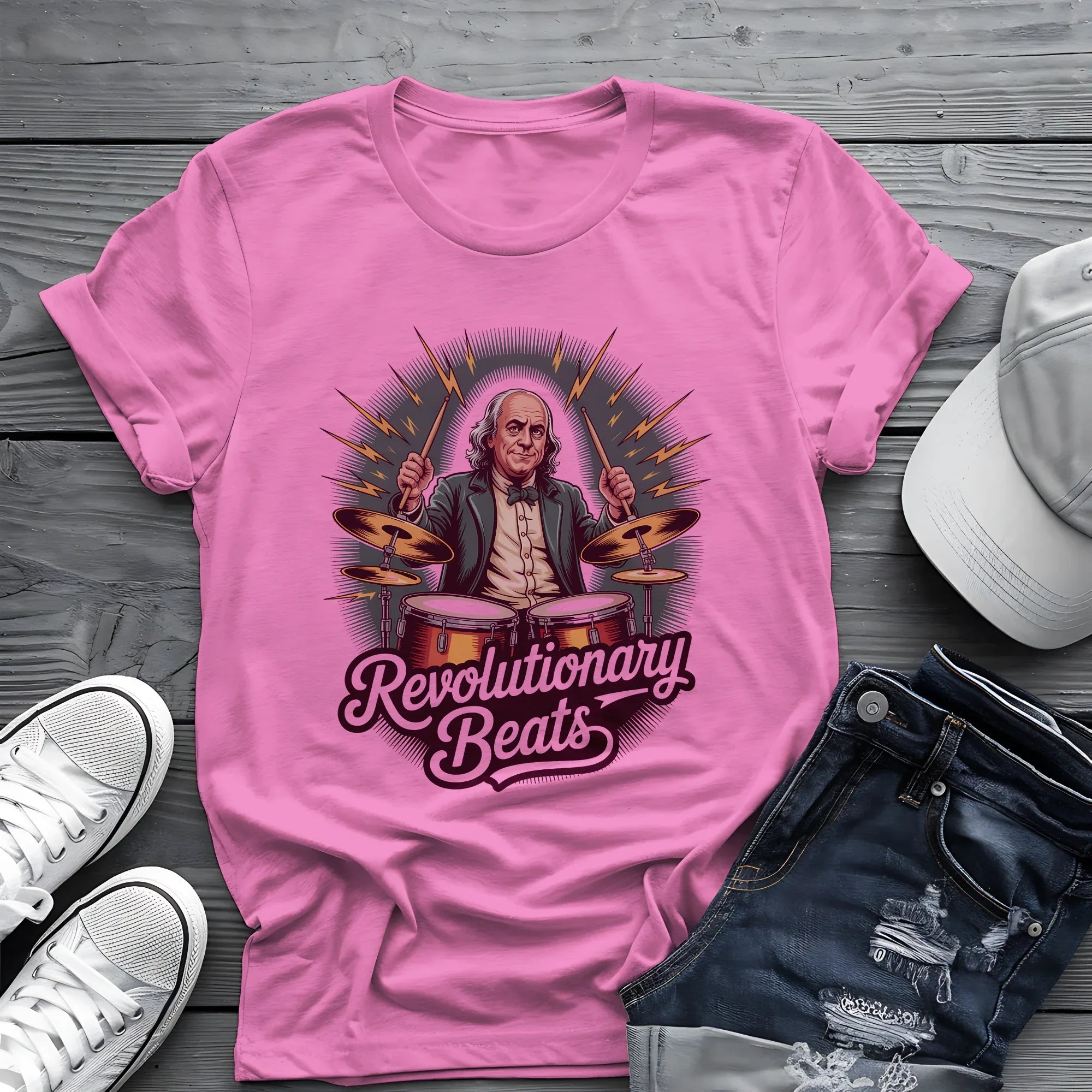 Revolutionary Beats Tee ⚡️ Ben Franklin Drummer Shirt - Patriotic Music Shirt