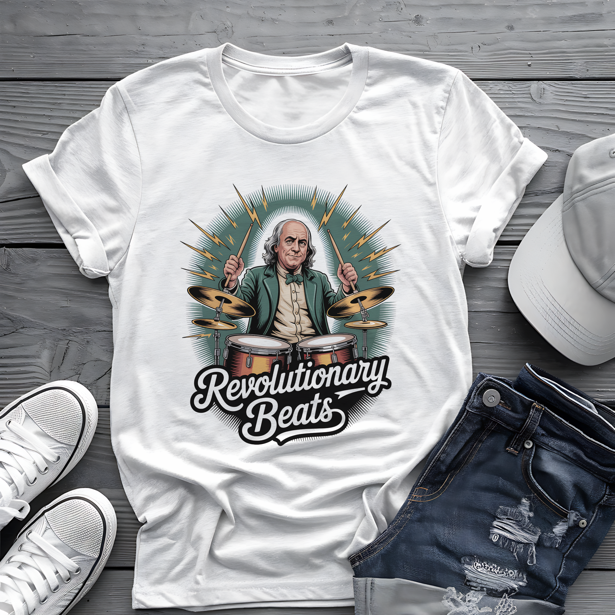 Revolutionary Beats Tee ⚡️ Ben Franklin Drummer Shirt - Patriotic Music Shirt
