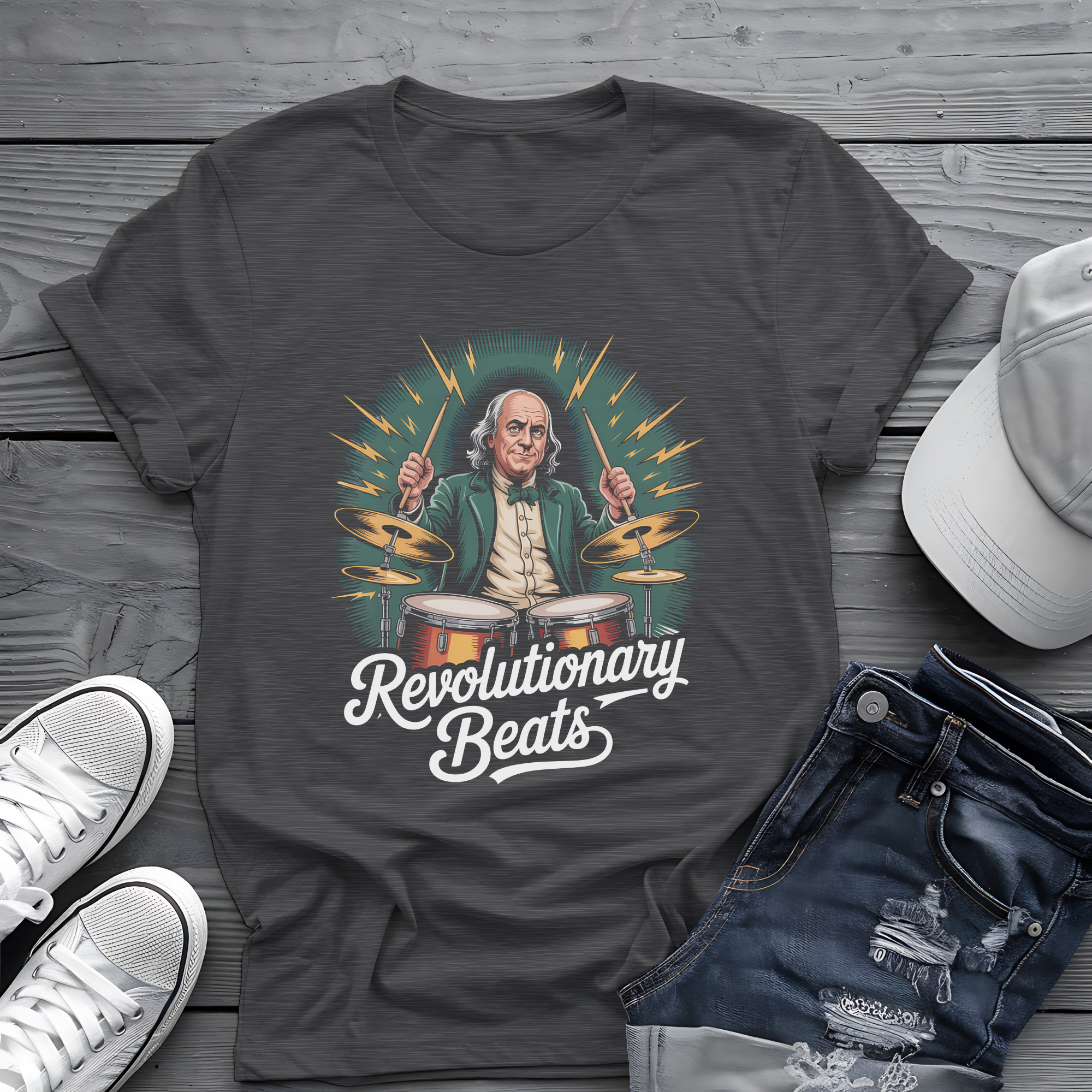 Revolutionary Beats Tee ⚡️ Ben Franklin Drummer Shirt - Patriotic Music Shirt