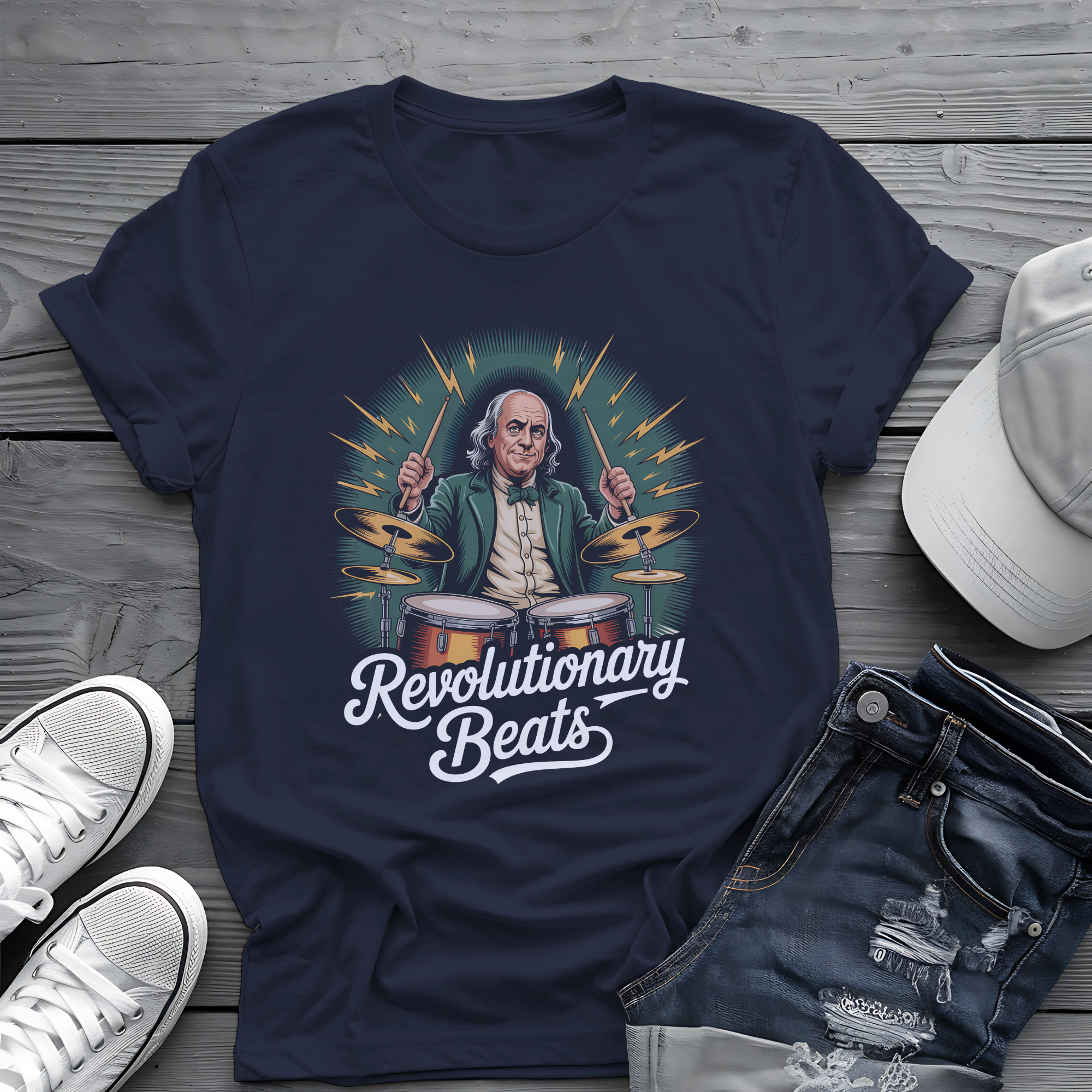 Revolutionary Beats Tee ⚡️ Ben Franklin Drummer Shirt - Patriotic Music Shirt