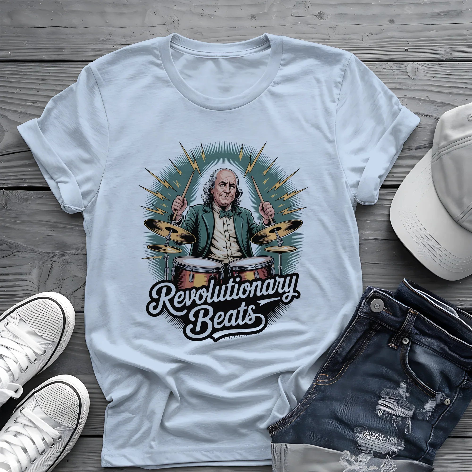 Revolutionary Beats Tee ⚡️ Ben Franklin Drummer Shirt - Patriotic Music Shirt