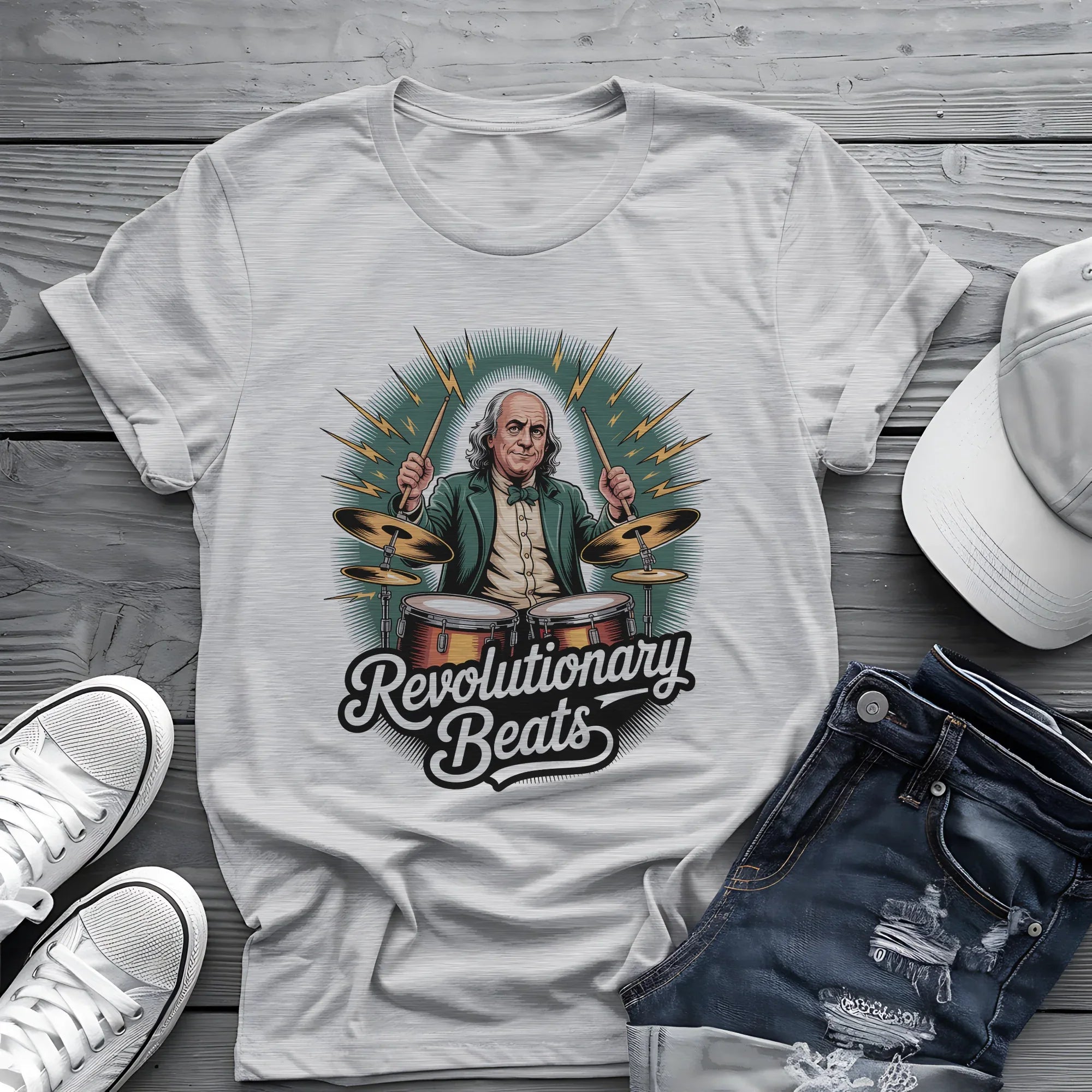 Revolutionary Beats Tee ⚡️ Ben Franklin Drummer Shirt - Patriotic Music Shirt