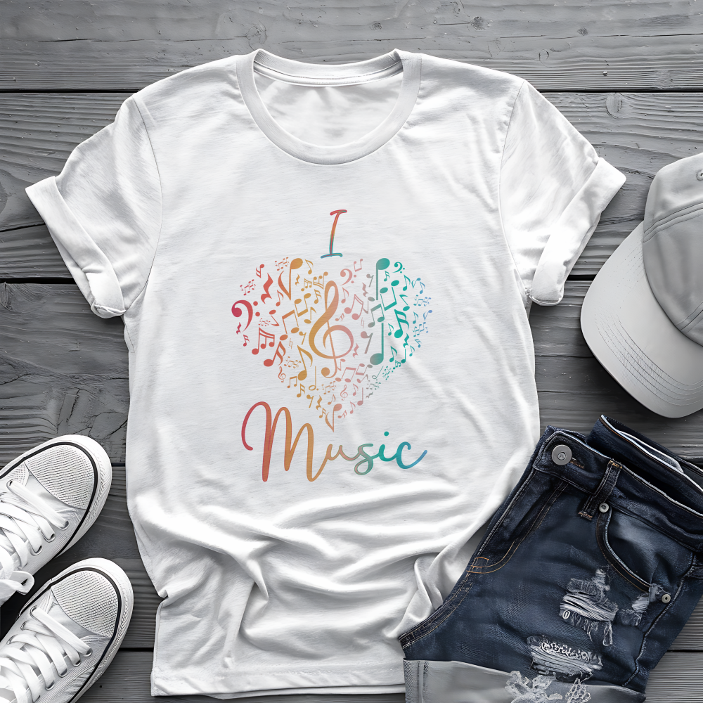 I Love Music Tee 🎶 Colorful Music Notes Heart Shirt