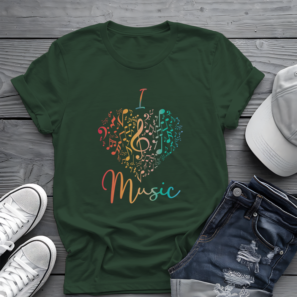I Love Music Tee 🎶 Colorful Music Notes Heart Shirt