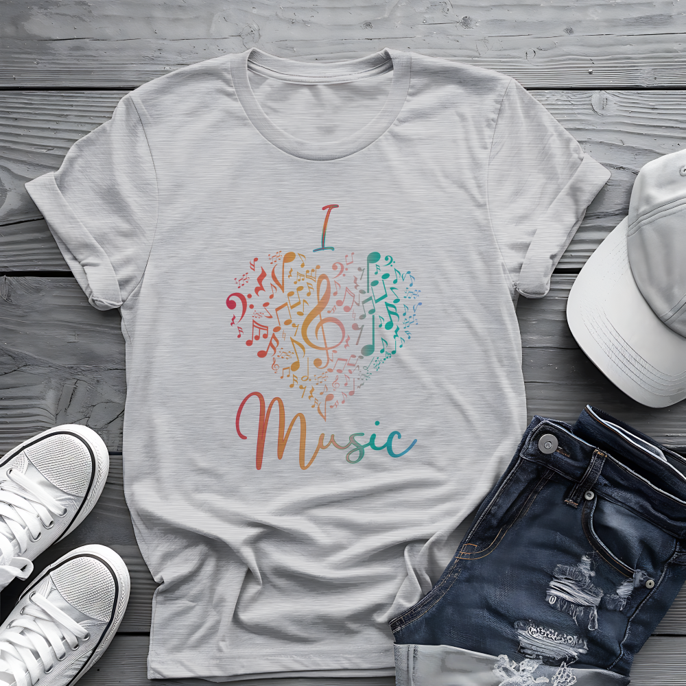 I Love Music Tee 🎶 Colorful Music Notes Heart Shirt