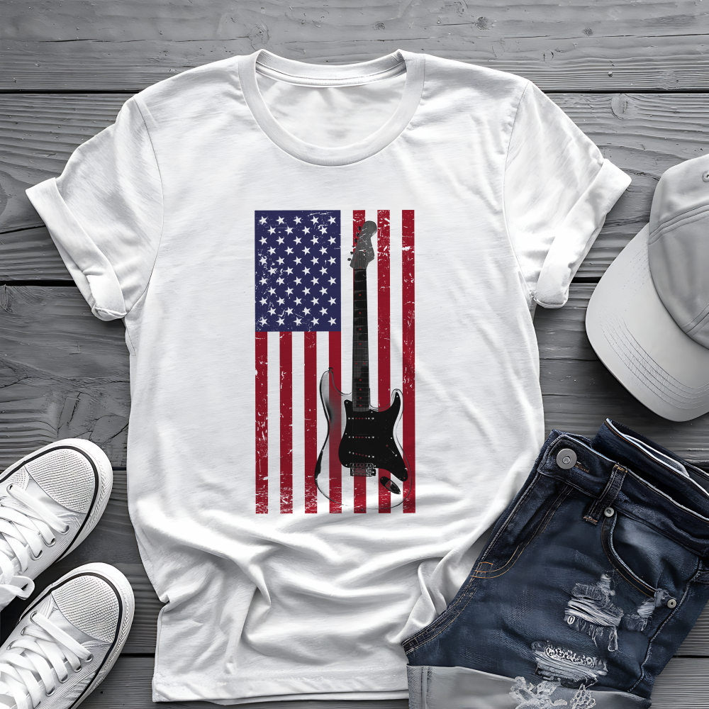 American Flag Guitar Tee 🎸 Patriotic Music Shirt - USA Guitar