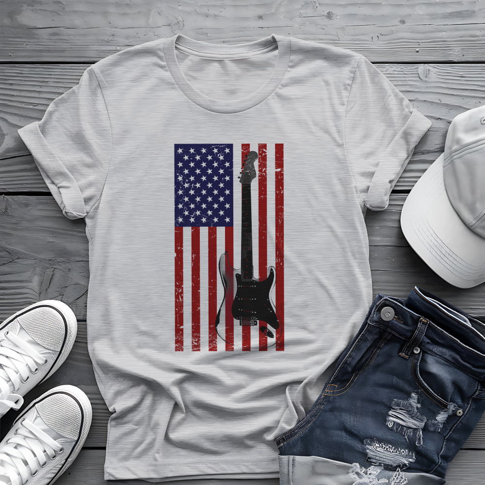 American Flag Guitar Tee 🎸 Patriotic Music Shirt - USA Guitar