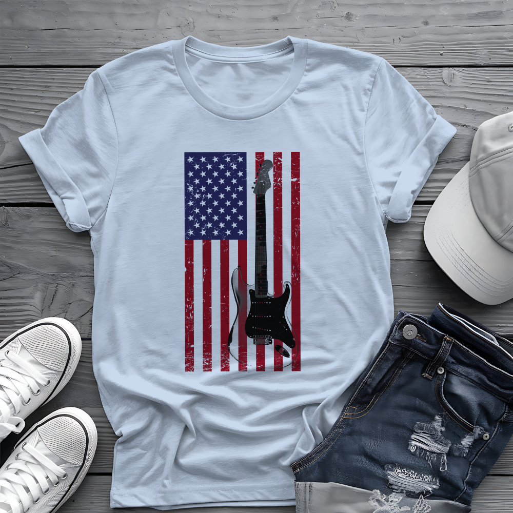 American Flag Guitar Tee 🎸 Patriotic Music Shirt - USA Guitar