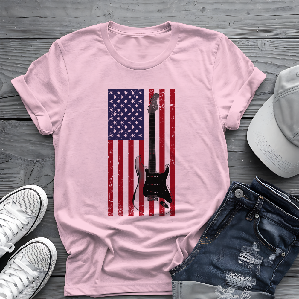 American Flag Guitar Tee 🎸 Patriotic Music Shirt - USA Guitar