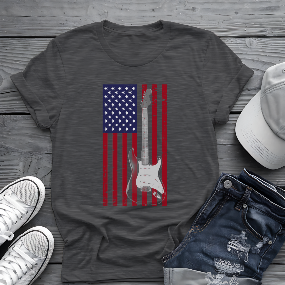 American Flag Guitar Tee 🎸 Patriotic Music Shirt - USA Guitar