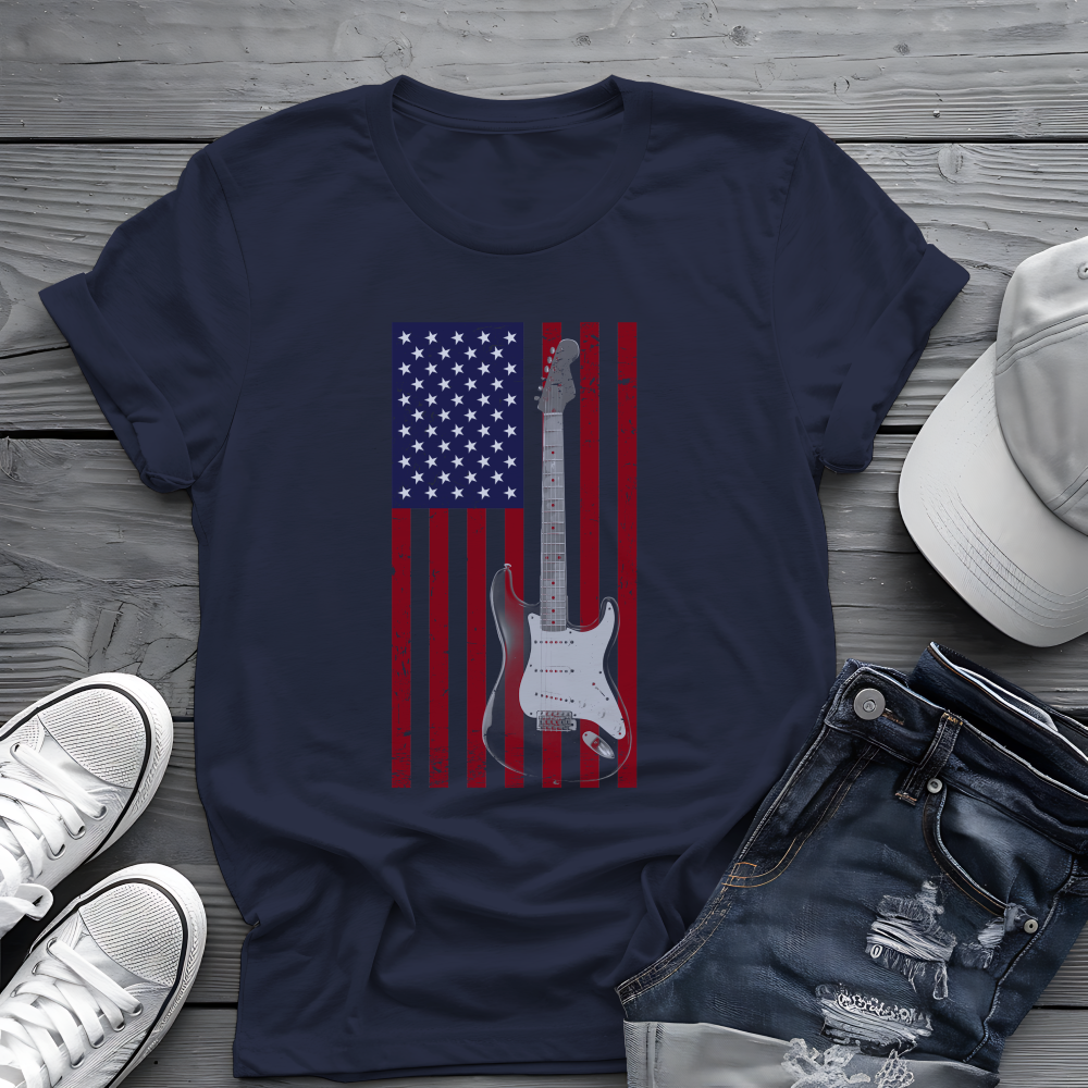 American Flag Guitar Tee 🎸 Patriotic Music Shirt - USA Guitar
