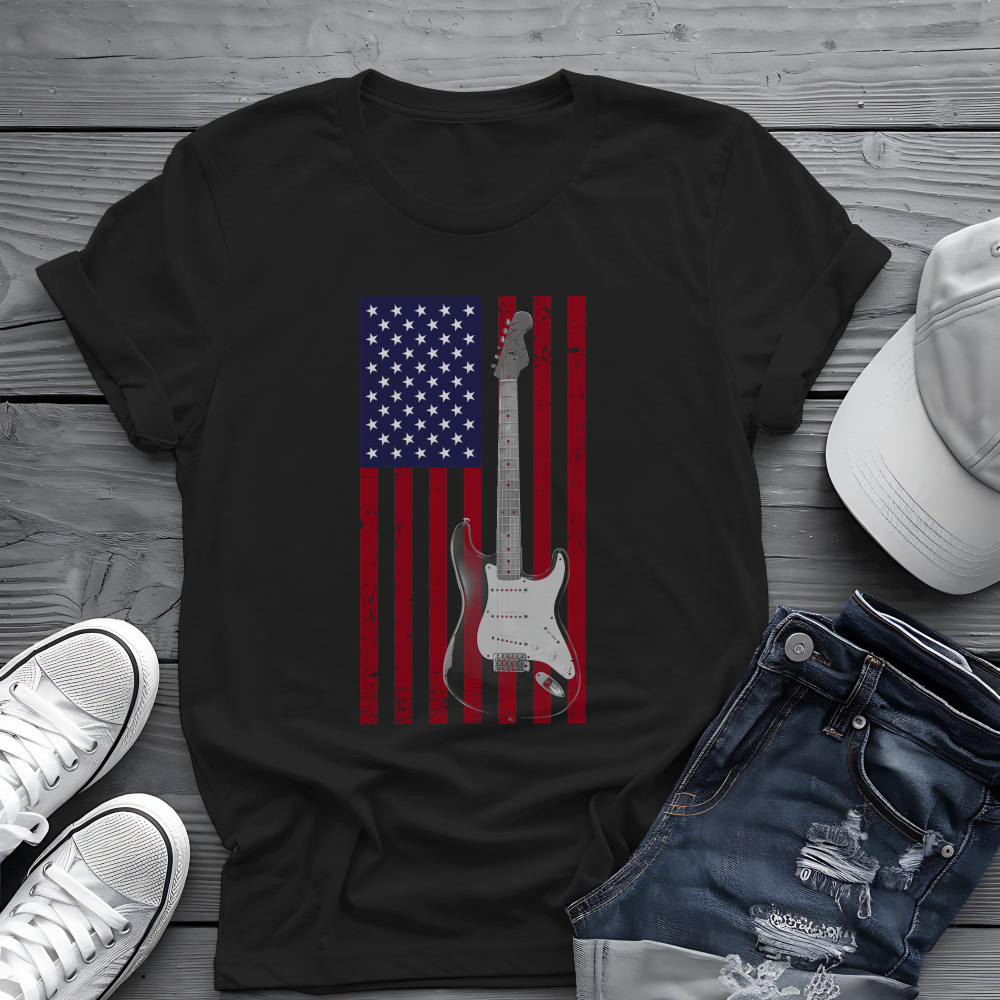 American Flag Guitar Tee 🎸 Patriotic Music Shirt - USA Guitar