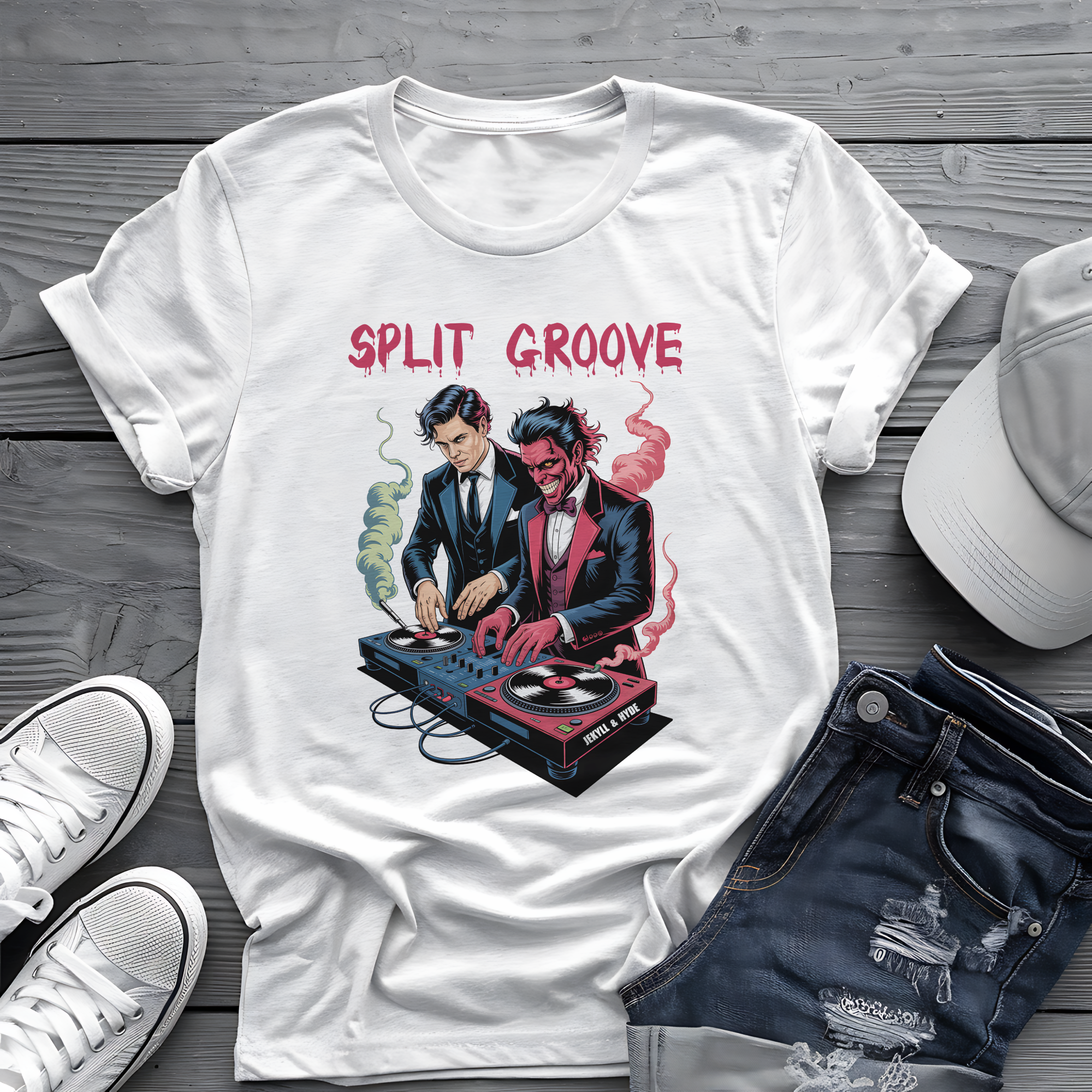 Split Groove Tee 🎧 Jekyll & Hyde DJ Shirt - Spooky Music Shirt
