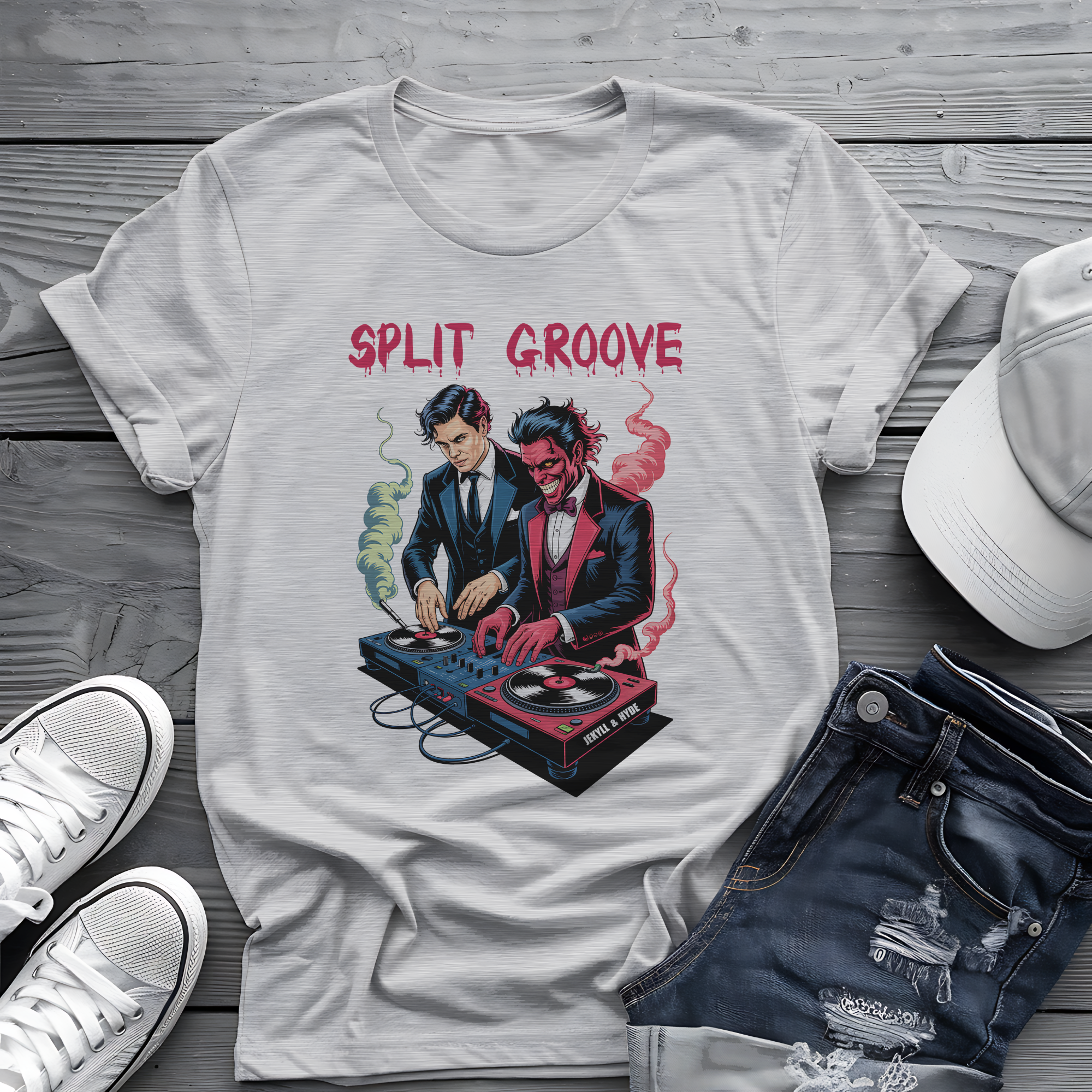 Split Groove Tee 🎧 Jekyll & Hyde DJ Shirt - Spooky Music Shirt
