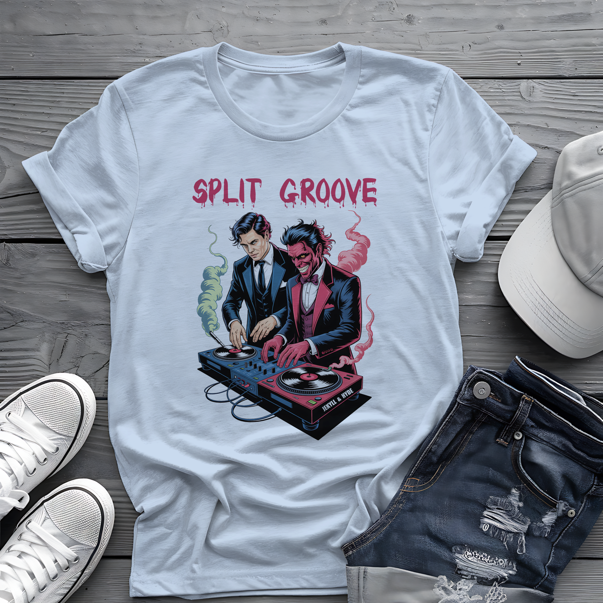 Split Groove Tee 🎧 Jekyll & Hyde DJ Shirt - Spooky Music Shirt