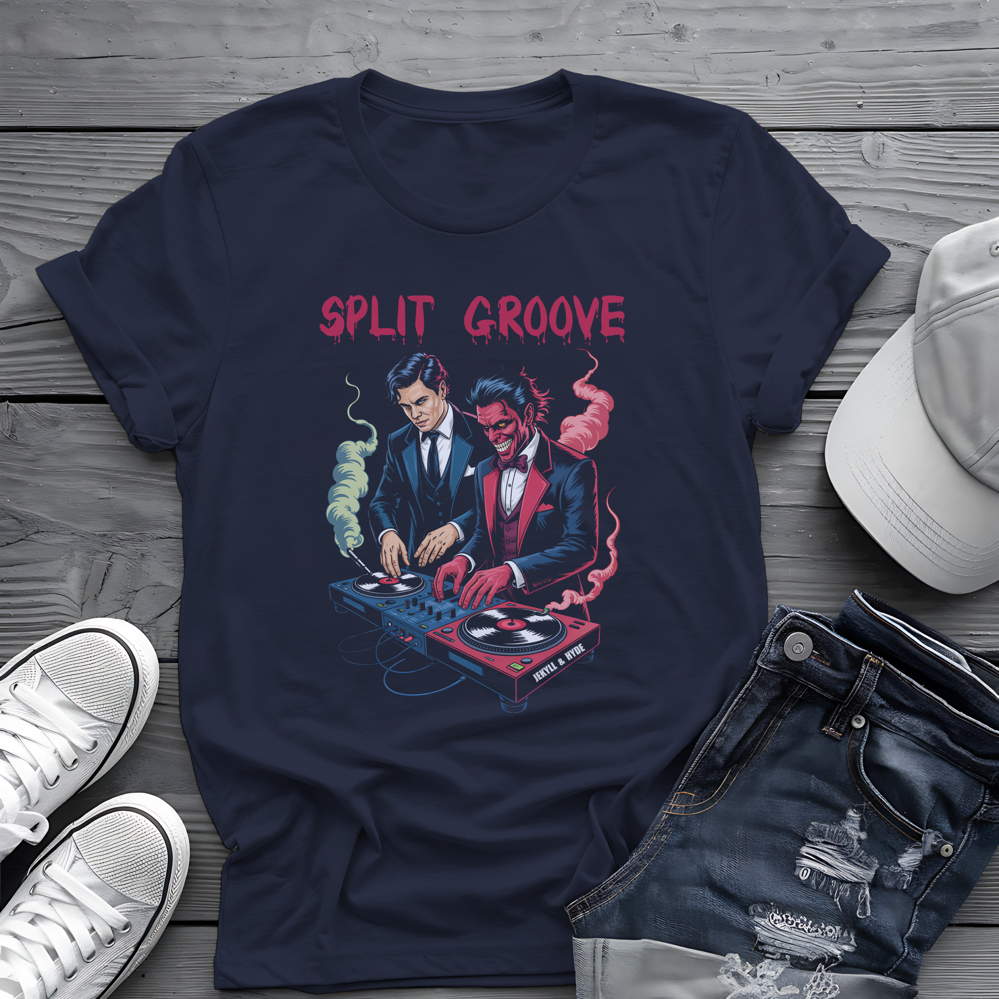 Split Groove Tee 🎧 Jekyll & Hyde DJ Shirt - Spooky Music Shirt