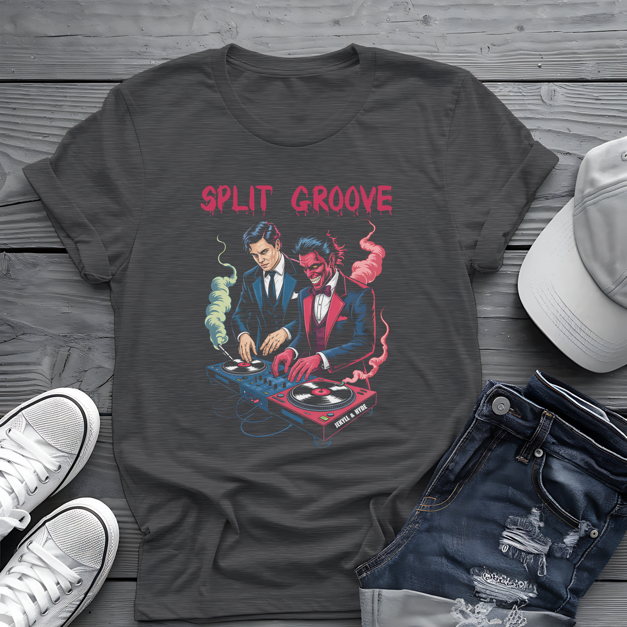 Split Groove Tee 🎧 Jekyll & Hyde DJ Shirt - Spooky Music Shirt