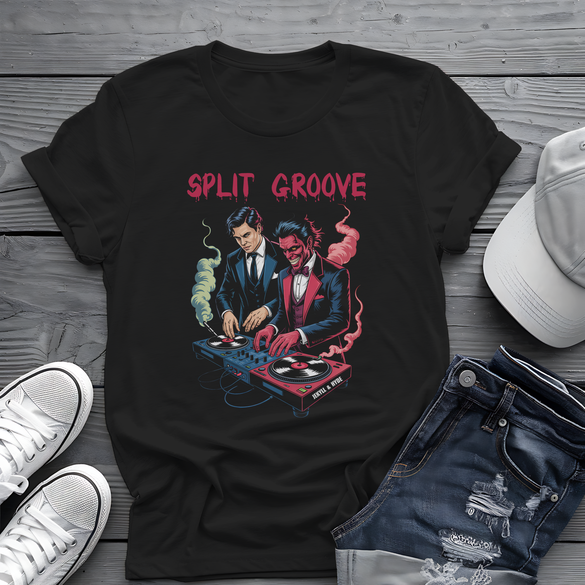Split Groove Tee 🎧 Jekyll & Hyde DJ Shirt - Spooky Music Shirt