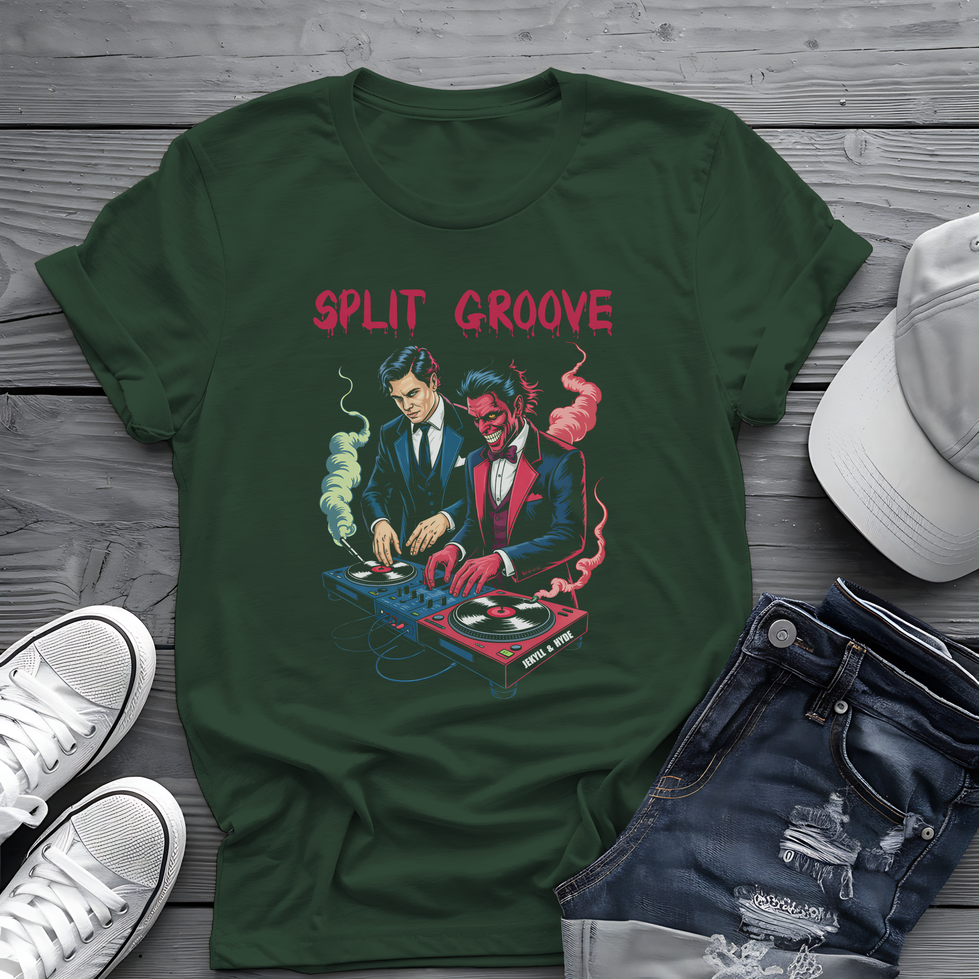 Split Groove Tee 🎧 Jekyll & Hyde DJ Shirt - Spooky Music Shirt