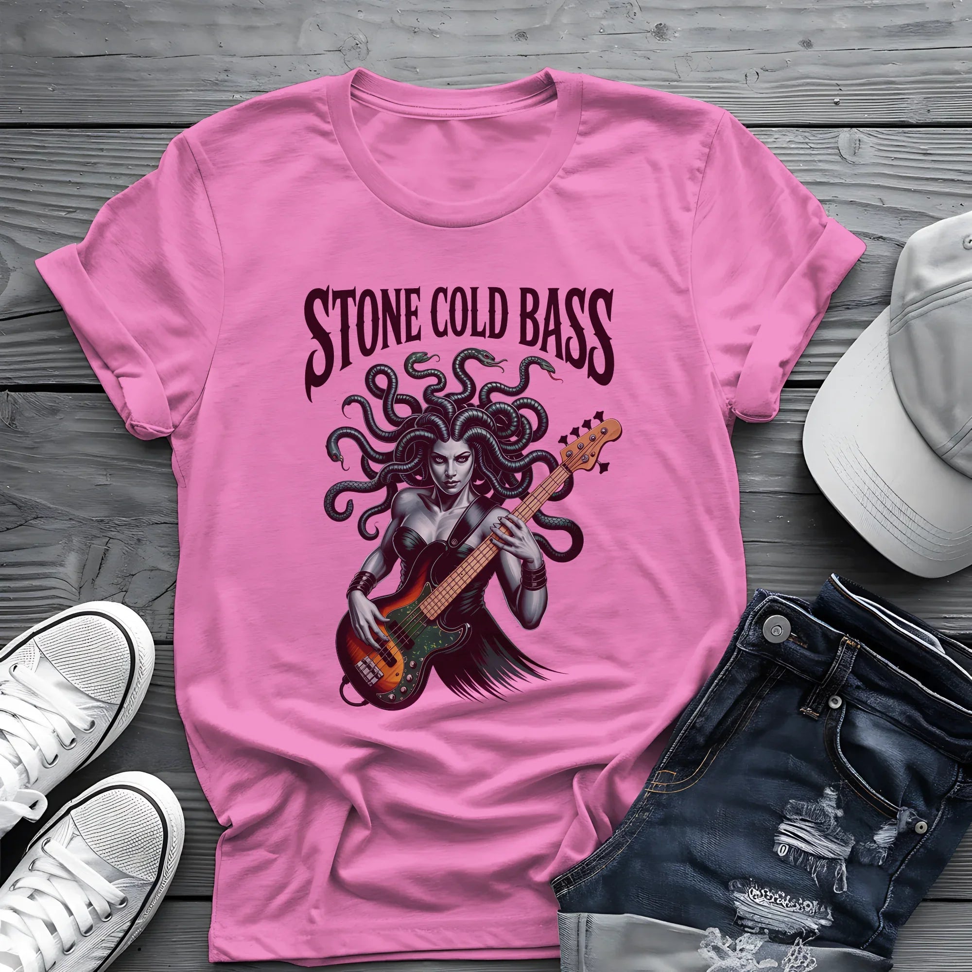 Stone Cold Bass Tee 🐍 Medusa Bassist Shirt - Spooky Music Shirt