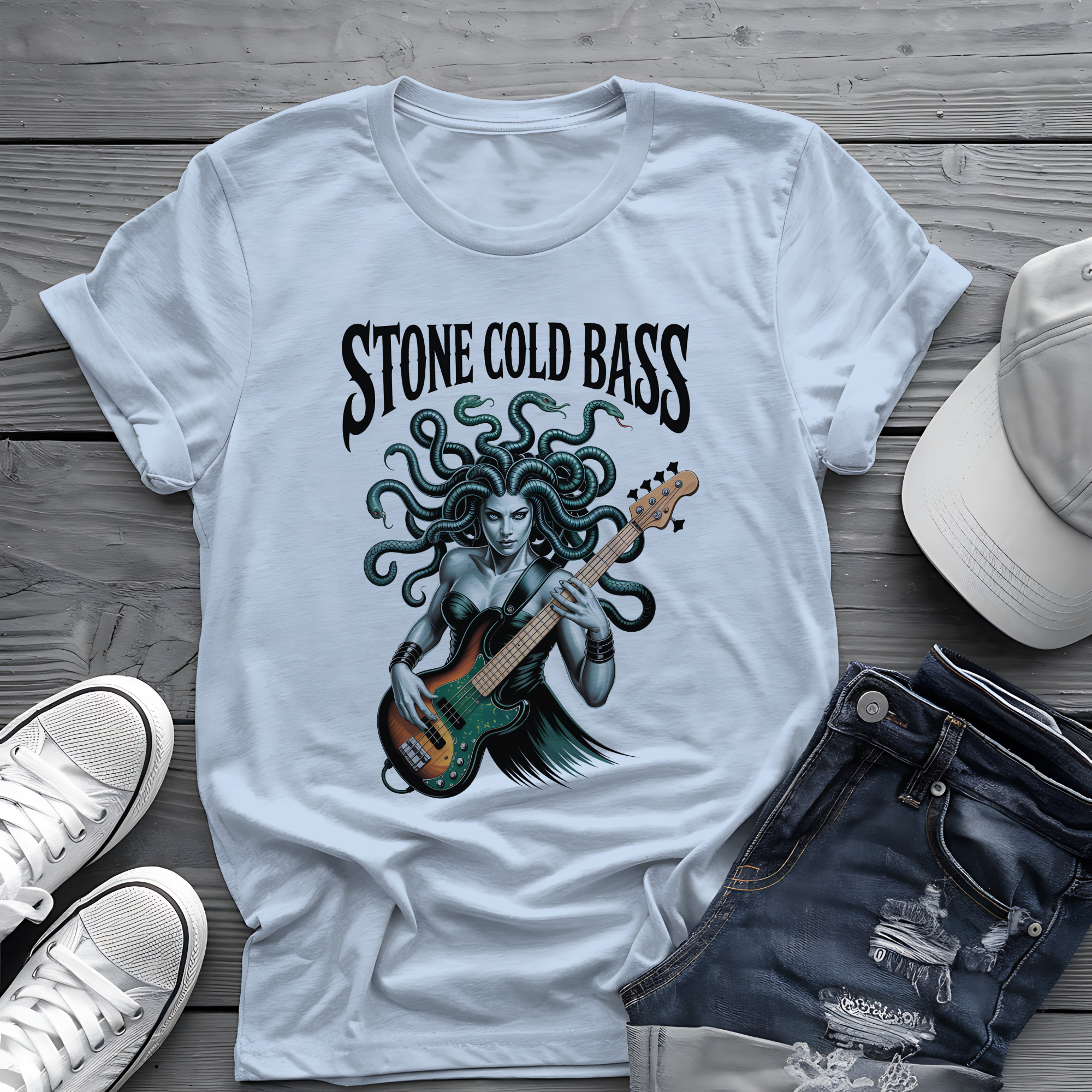 Stone Cold Bass Tee 🐍 Medusa Bassist Shirt - Spooky Music Shirt