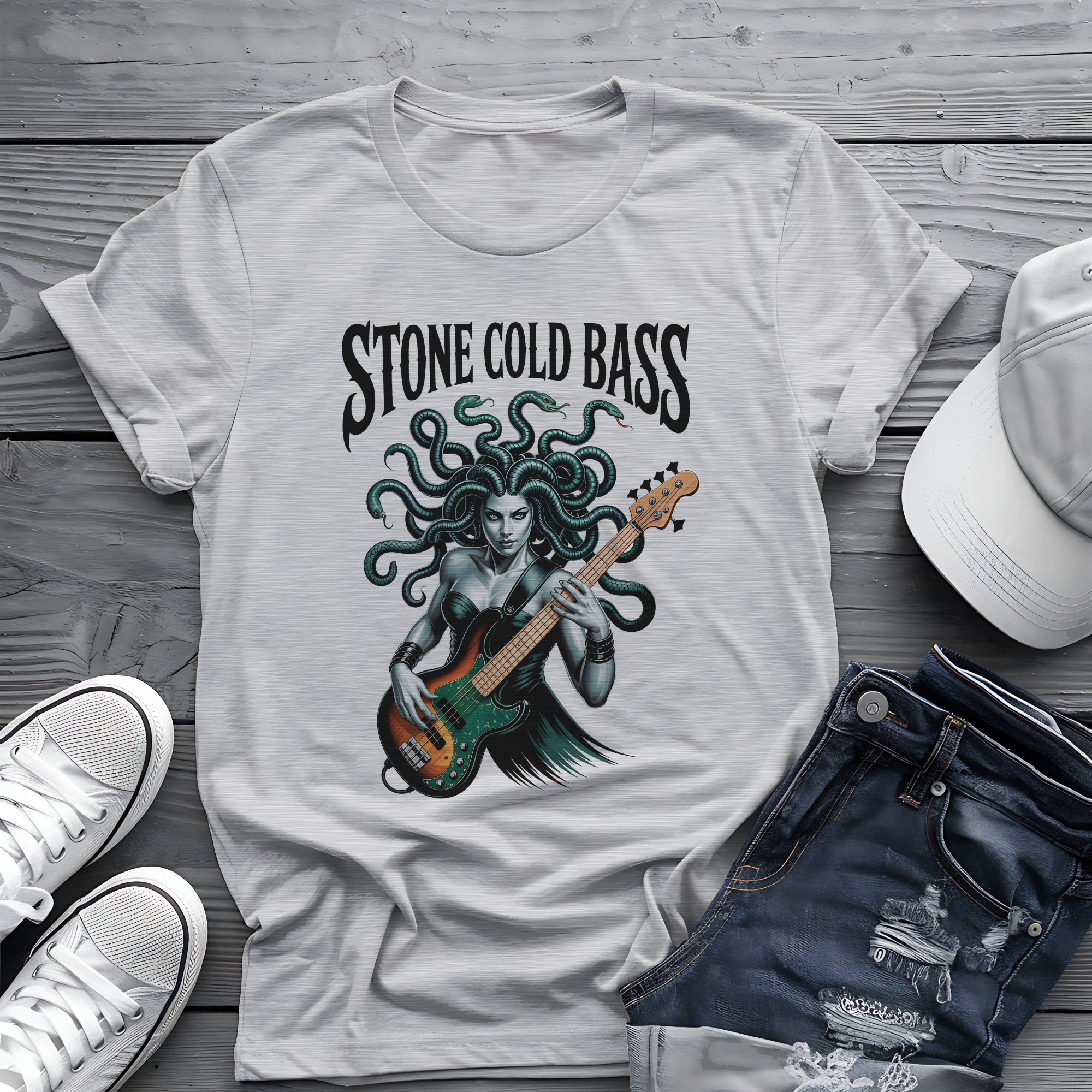 Stone Cold Bass Tee 🐍 Medusa Bassist Shirt - Spooky Music Shirt