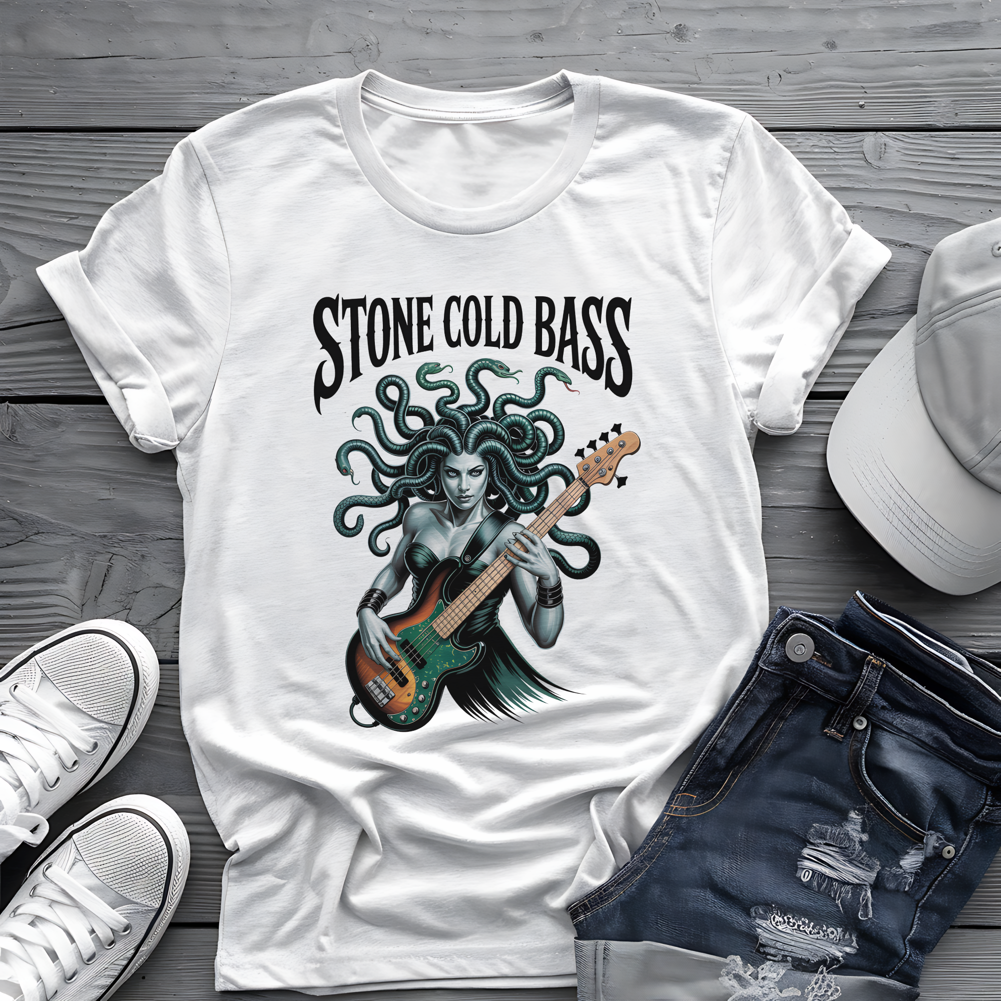 Stone Cold Bass Tee 🐍 Medusa Bassist Shirt - Spooky Music Shirt