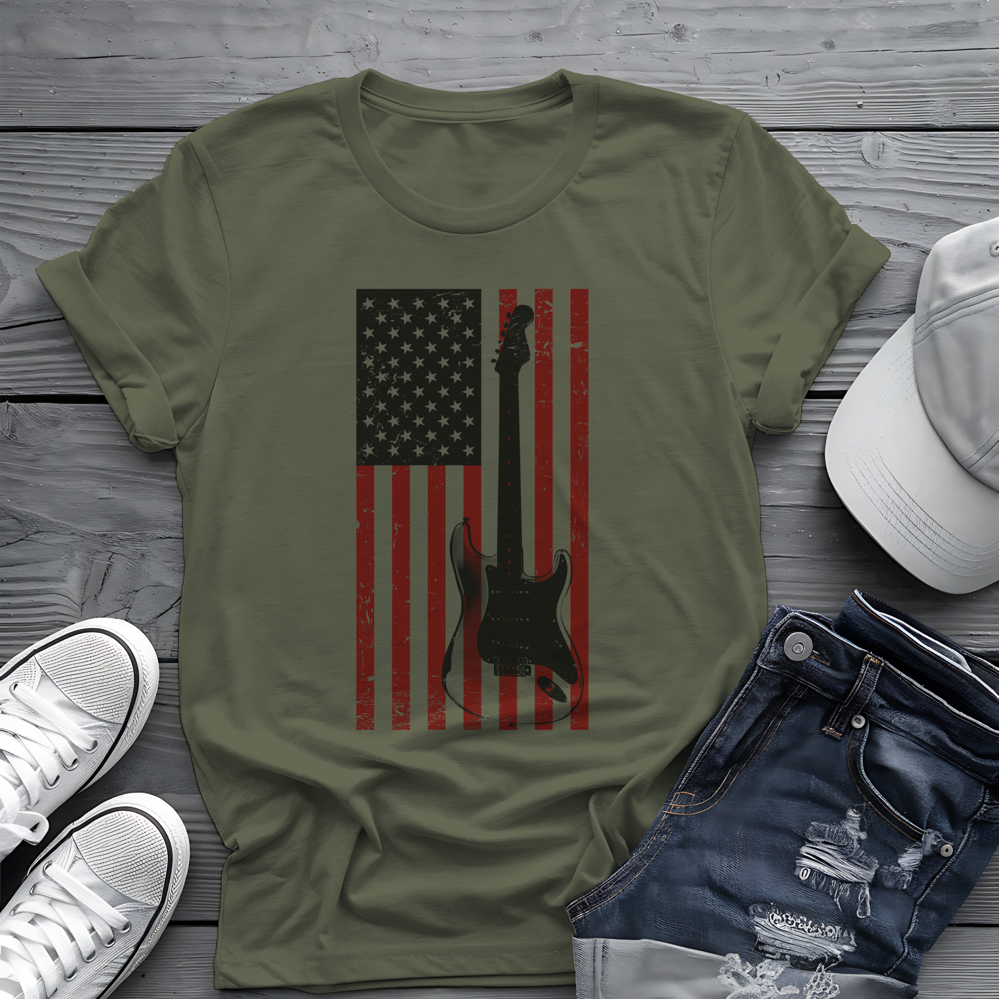 American Flag Guitar Tee 🎸 Patriotic Music Shirt - USA Guitar