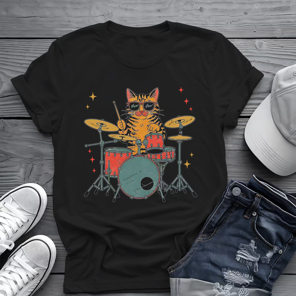Drummer Cat Tee 🥁 Funny Music Shirt - Cat Lover Gift