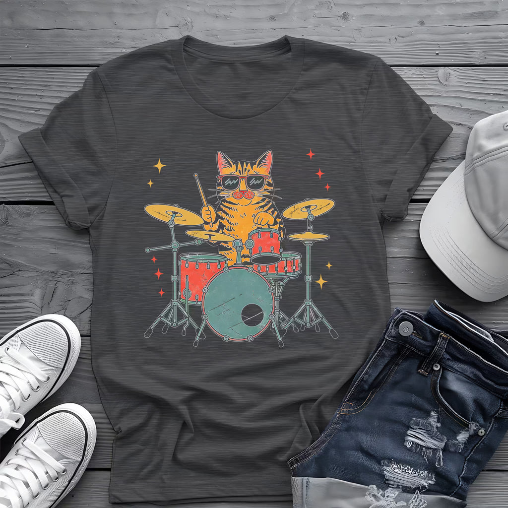 Drummer Cat Tee 🥁 Funny Music Shirt - Cat Lover Gift