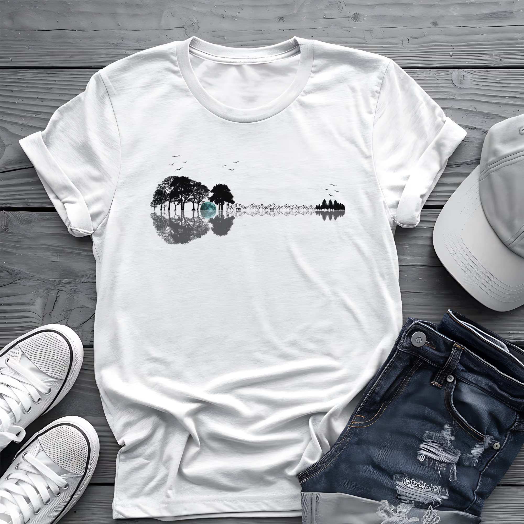 Guitar Forest Reflection T-Shirt 🎸 – Nature Lover Music Tee for Guitarists