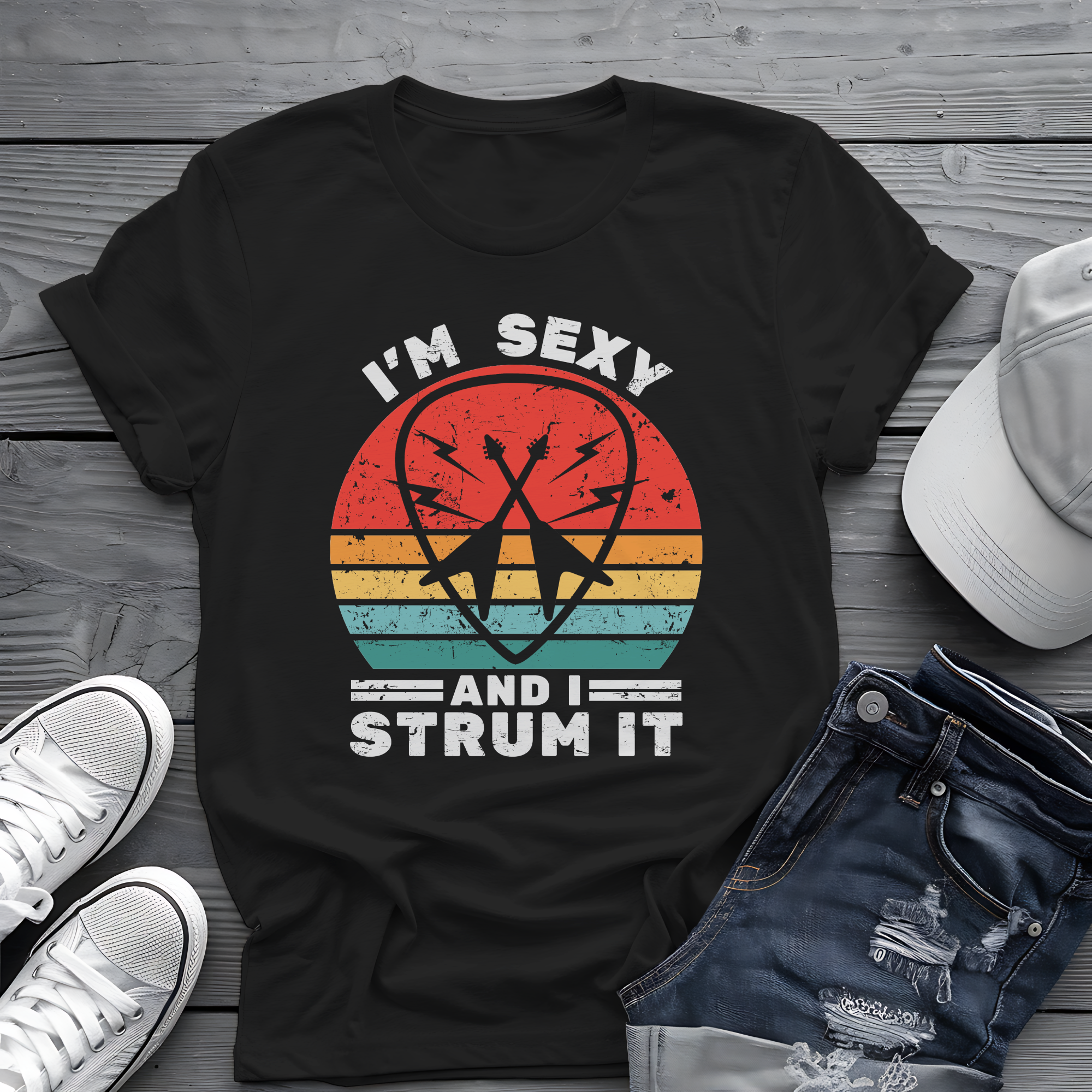 I'm Sexy and I Strum It Tee 🎸 Retro Guitar Pick Shirt - Funny Pop Culture Shirt